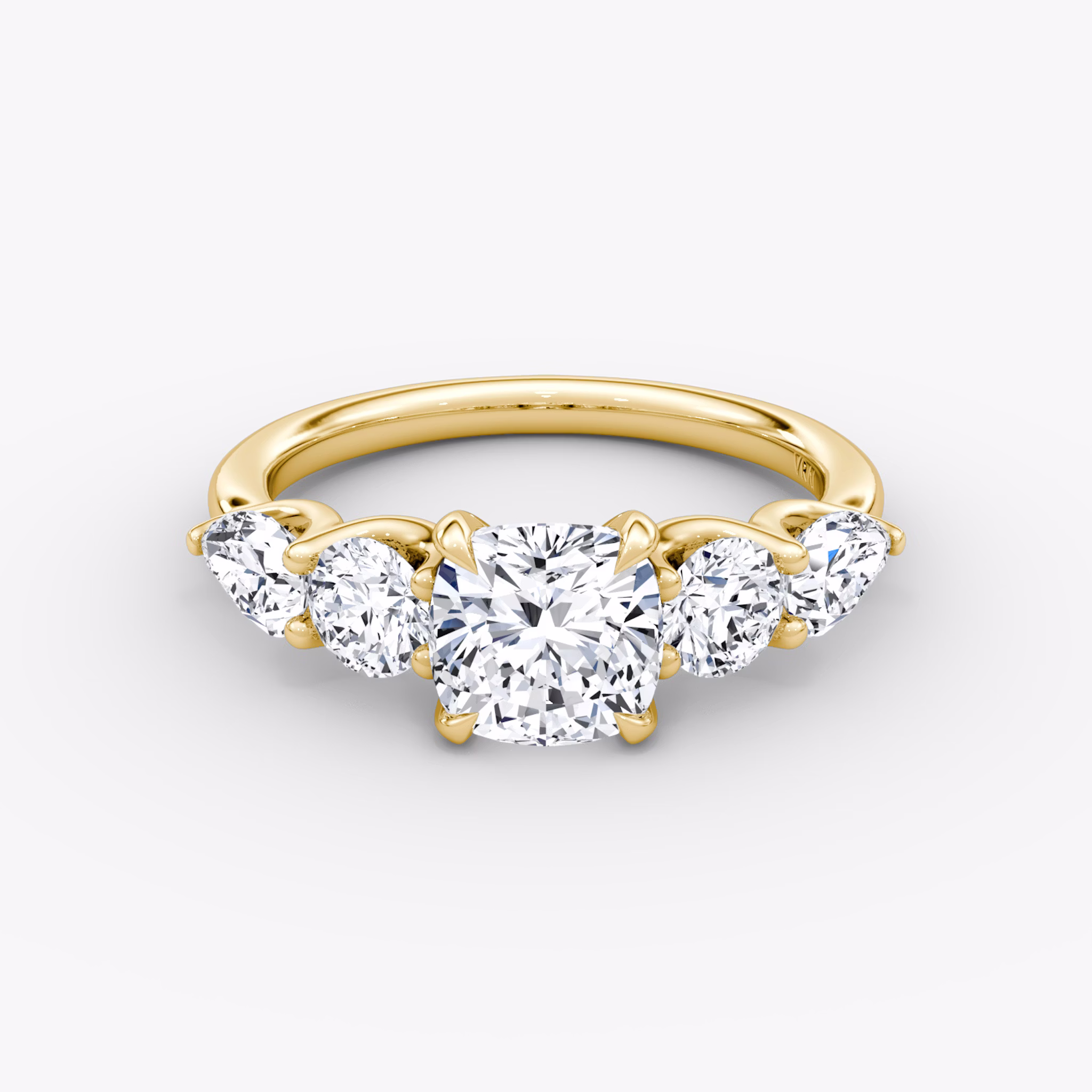 The Mixed Shape | Cushion | 18k | Yellow Gold | bandAccent: Plain | sideStoneOrientation: horizontal | sideStoneShape: Round Brilliant and Pear | diamondOrientation: vertical | caratWeight: other