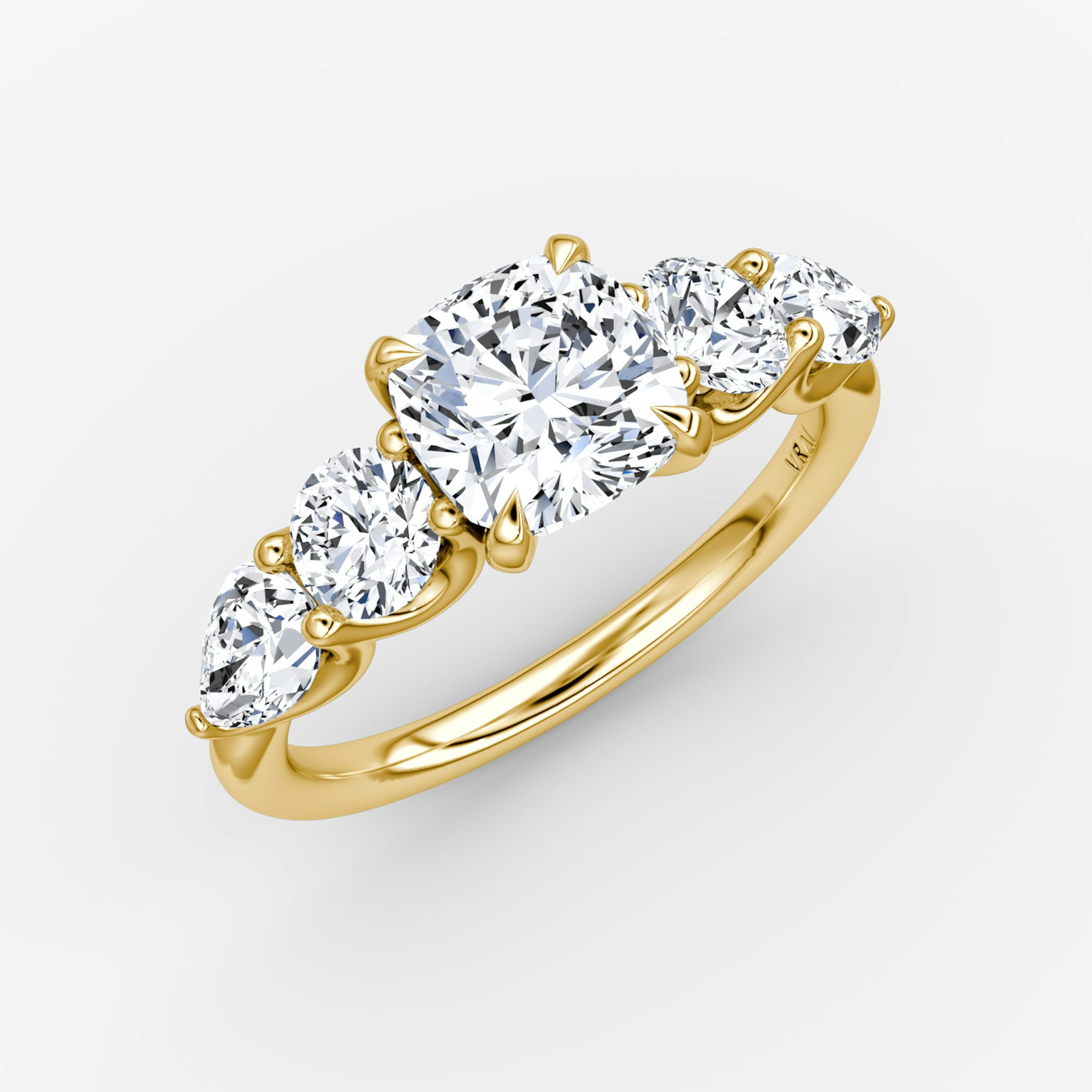 The Mixed Shape | Cushion | 18k | Yellow Gold | bandAccent: Plain | sideStoneOrientation: horizontal | sideStoneShape: Round Brilliant and Pear | diamondOrientation: vertical | caratWeight: other