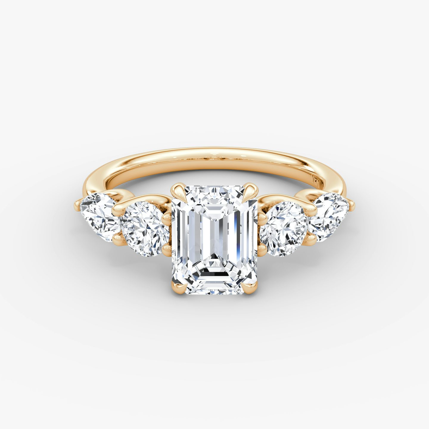The Mixed Shape | Emerald | 14k | Rose Gold | bandAccent: Plain | sideStoneOrientation: horizontal | sideStoneShape: Round Brilliant and Pear | diamondOrientation: vertical | caratWeight: other