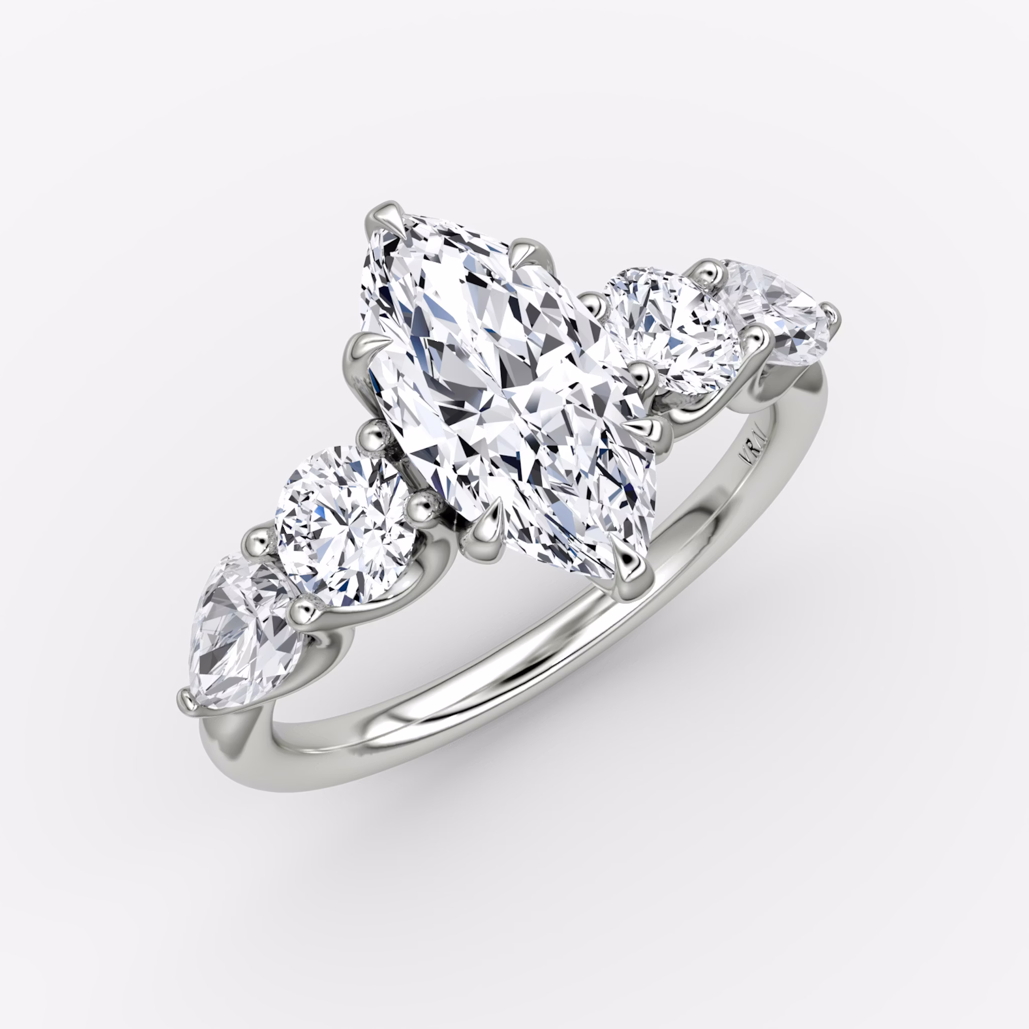 The Mixed Shape | Marquise | 18k | White Gold | bandAccent: Plain | sideStoneOrientation: horizontal | sideStoneShape: Round Brilliant and Pear | diamondOrientation: vertical | caratWeight: other