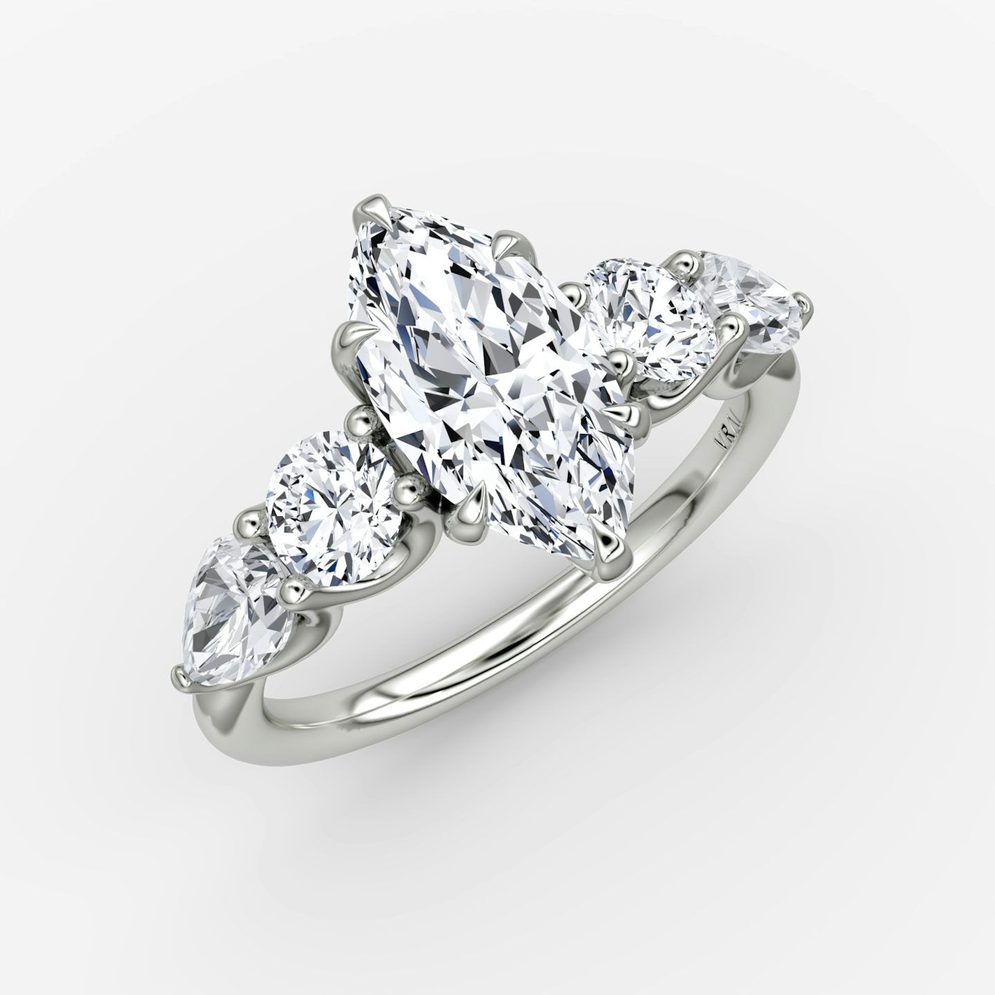 The Mixed Shape | Marquise | 18k | White Gold | bandAccent: Plain | sideStoneOrientation: horizontal | sideStoneShape: Round Brilliant and Pear | diamondOrientation: vertical | caratWeight: other