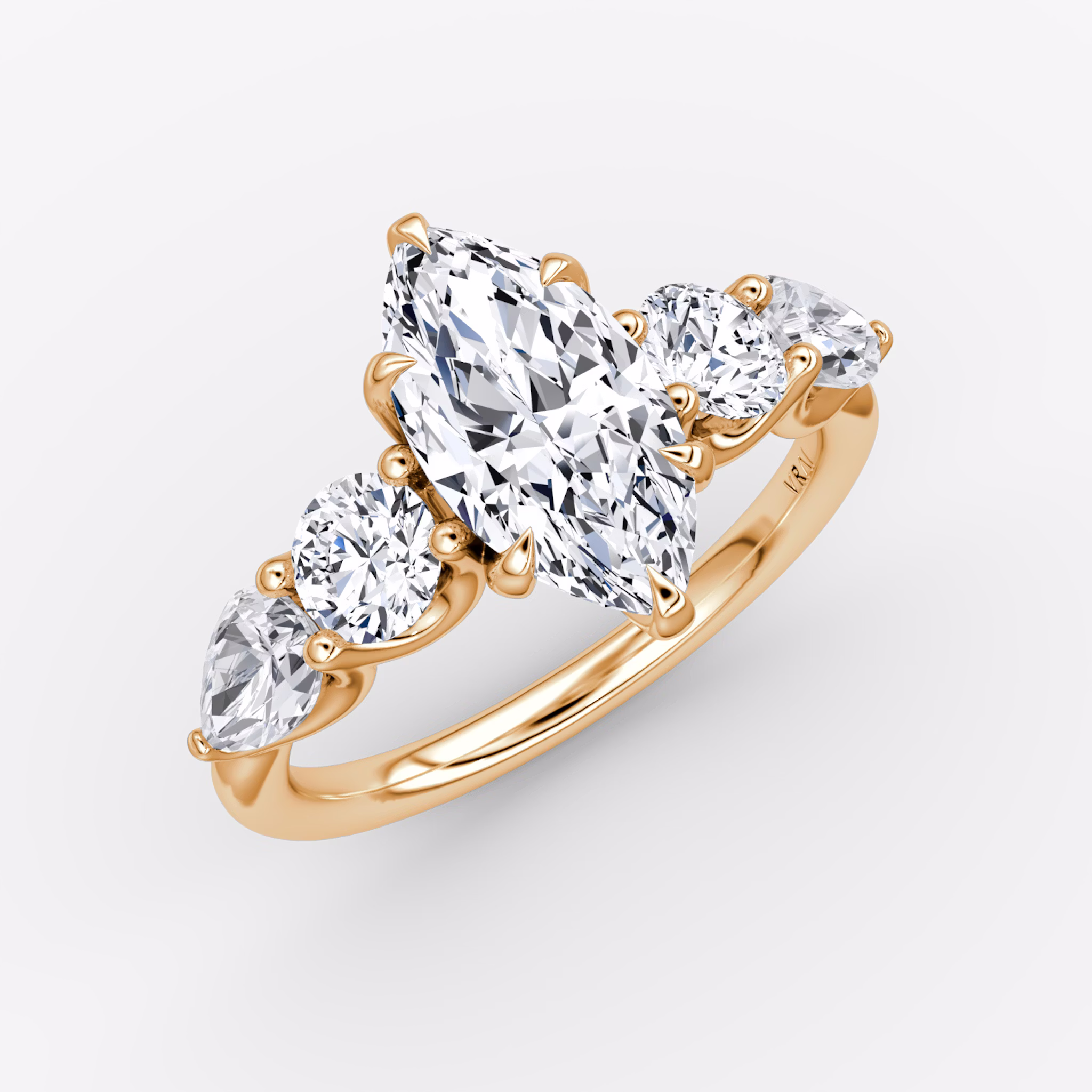 The Mixed Shape | Marquise | 14k | Rose Gold | bandAccent: Plain | sideStoneOrientation: horizontal | sideStoneShape: Round Brilliant and Pear | diamondOrientation: vertical | caratWeight: other