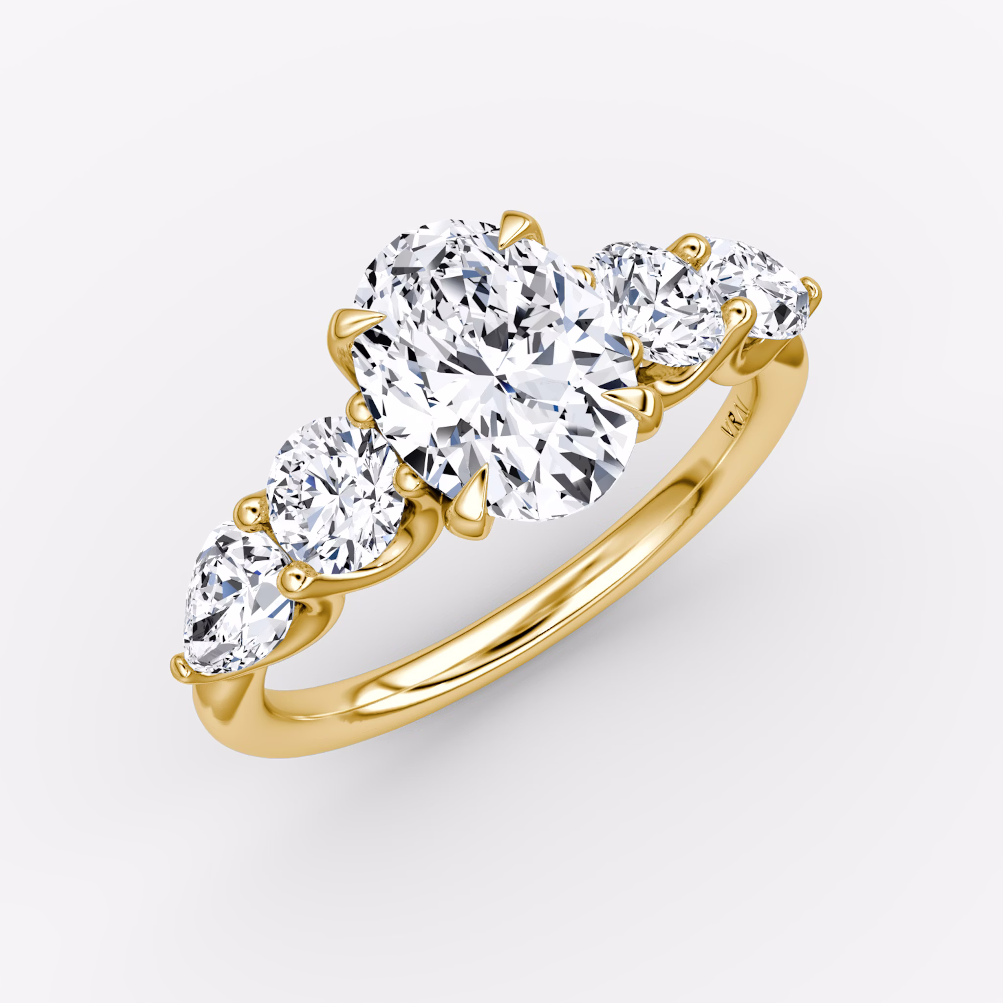 The Mixed Shape | Oval | 18k | Yellow Gold | bandAccent: Plain | sideStoneOrientation: horizontal | sideStoneShape: Round Brilliant and Pear | diamondOrientation: vertical | caratWeight: other
