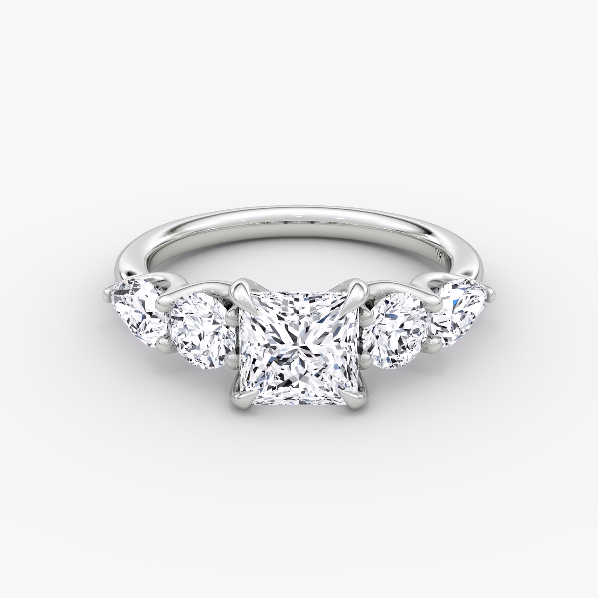 The Mixed Shape | Princess | 18k | White Gold | bandAccent: Plain | sideStoneOrientation: horizontal | sideStoneShape: Round Brilliant and Pear | diamondOrientation: vertical | caratWeight: other