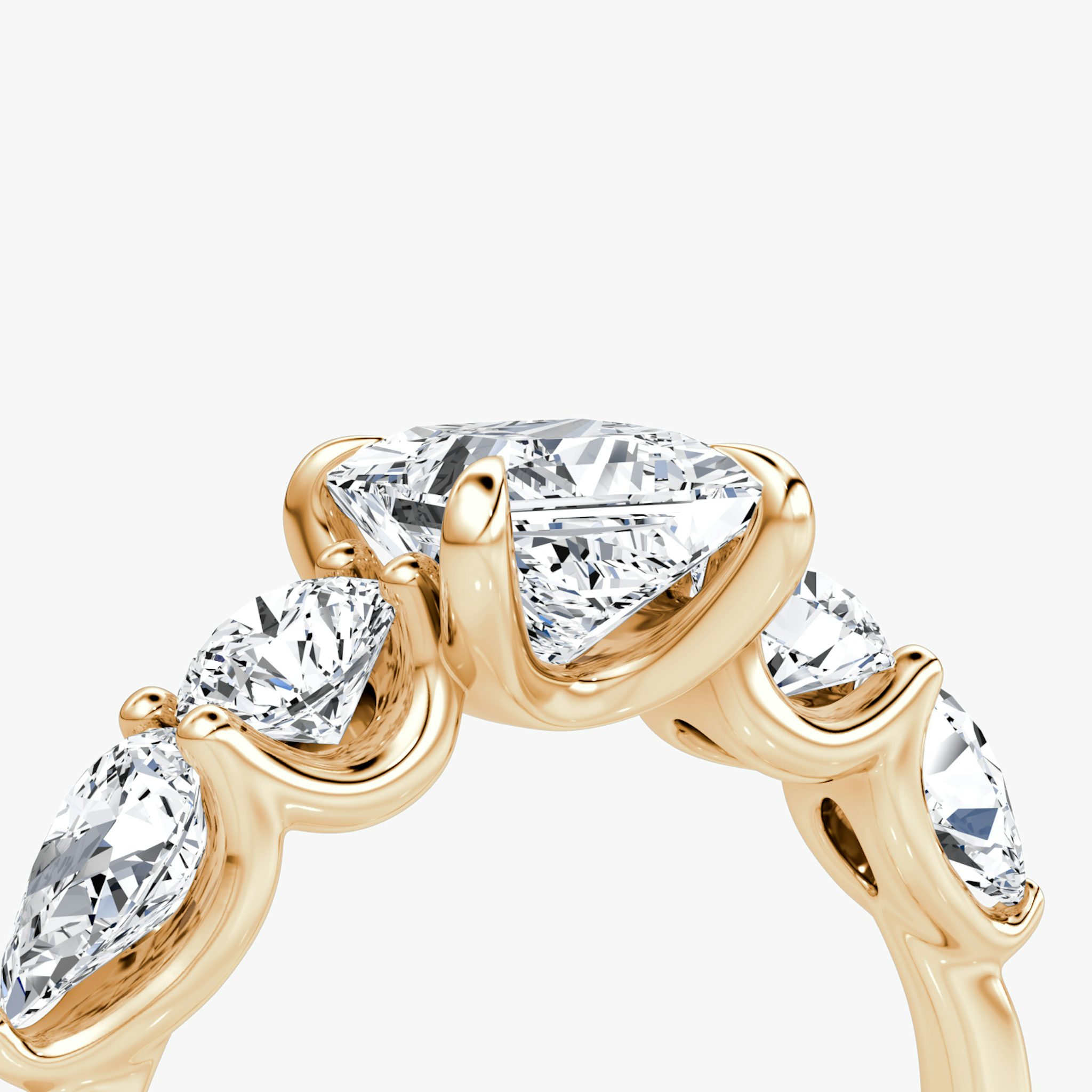 The Mixed Shape | Princess | 14k | Rose Gold | bandAccent: Plain | sideStoneOrientation: horizontal | sideStoneShape: Round Brilliant and Pear | diamondOrientation: vertical | caratWeight: other