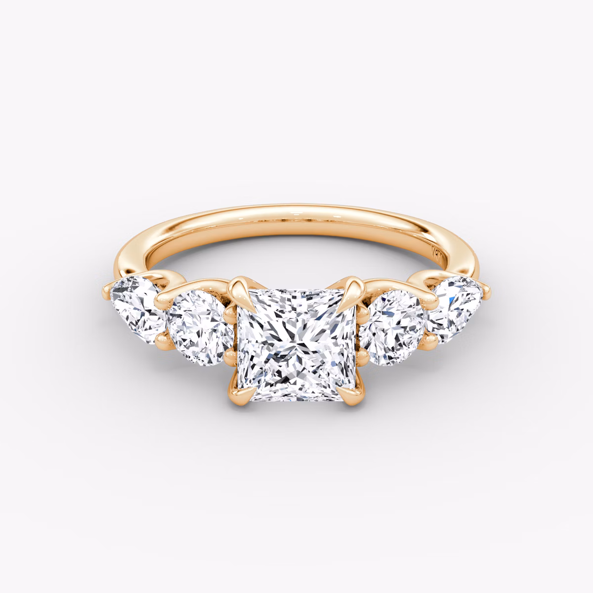 The Mixed Shape | Princess | 14k | Rose Gold | bandAccent: Plain | sideStoneOrientation: horizontal | sideStoneShape: Round Brilliant and Pear | diamondOrientation: vertical | caratWeight: other