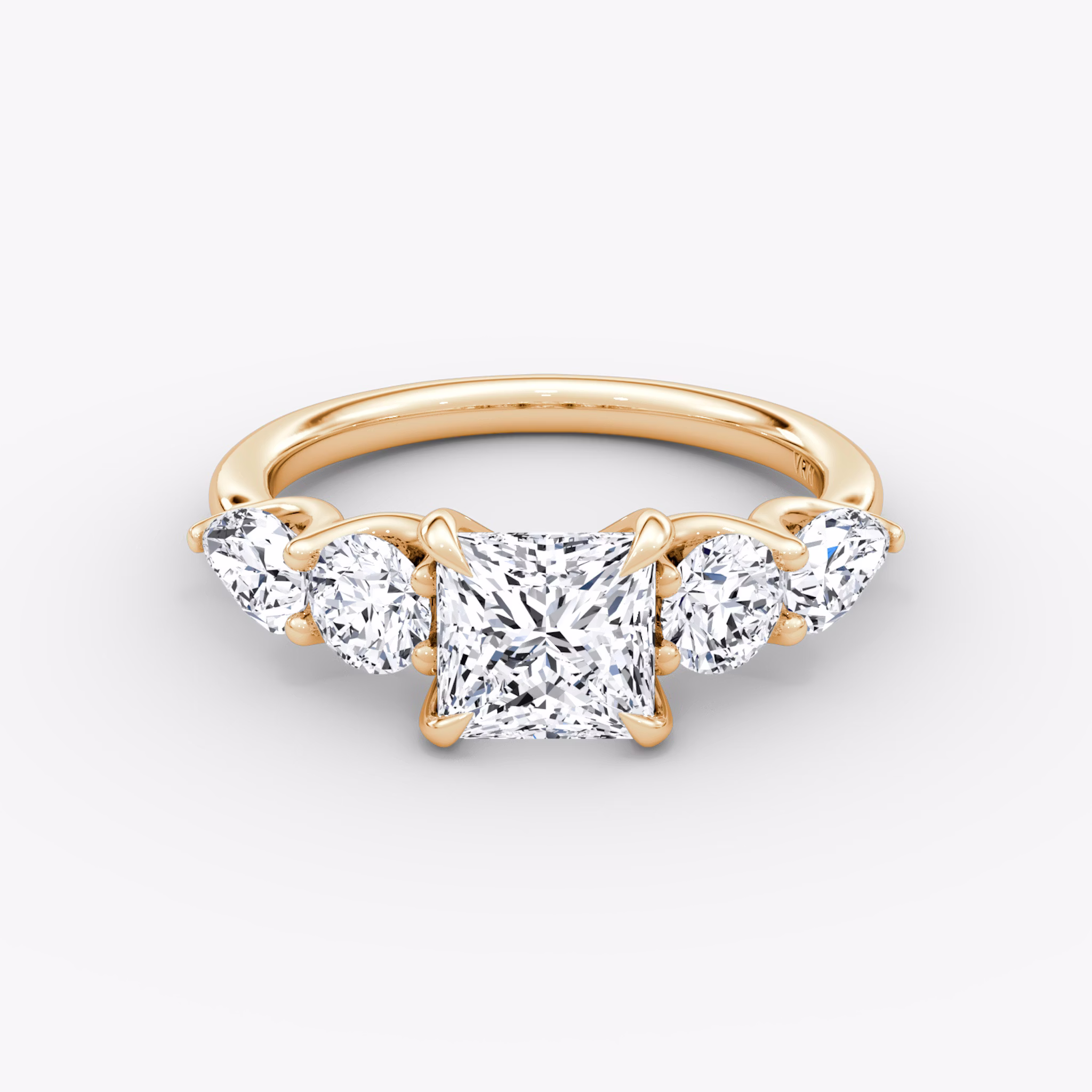 The Mixed Shape | Princess | 14k | Rose Gold | bandAccent: Plain | sideStoneOrientation: horizontal | sideStoneShape: Round Brilliant and Pear | diamondOrientation: vertical | caratWeight: other