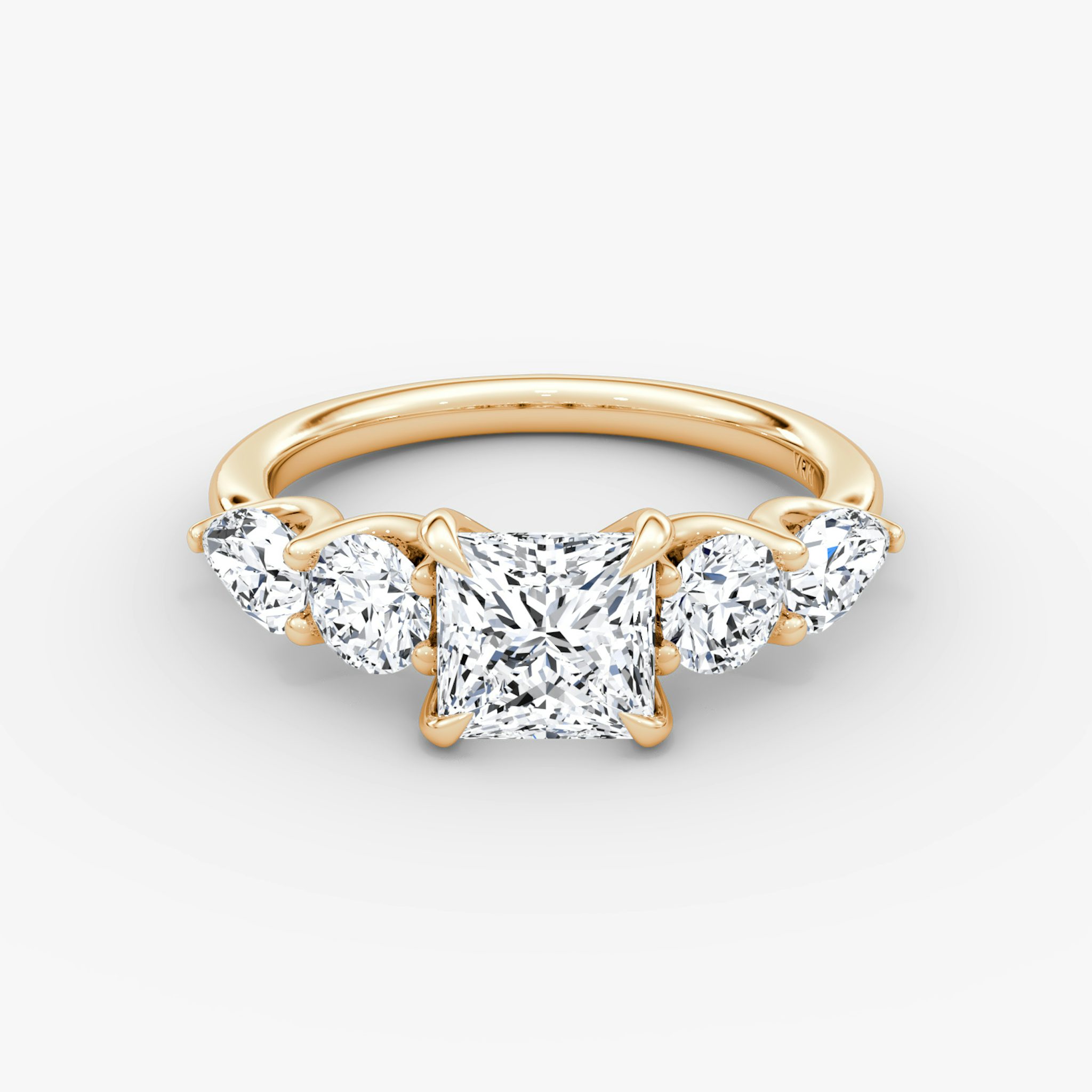 The Mixed Shape | Princess | 14k | Rose Gold | bandAccent: Plain | sideStoneOrientation: horizontal | sideStoneShape: Round Brilliant and Pear | diamondOrientation: vertical | caratWeight: other