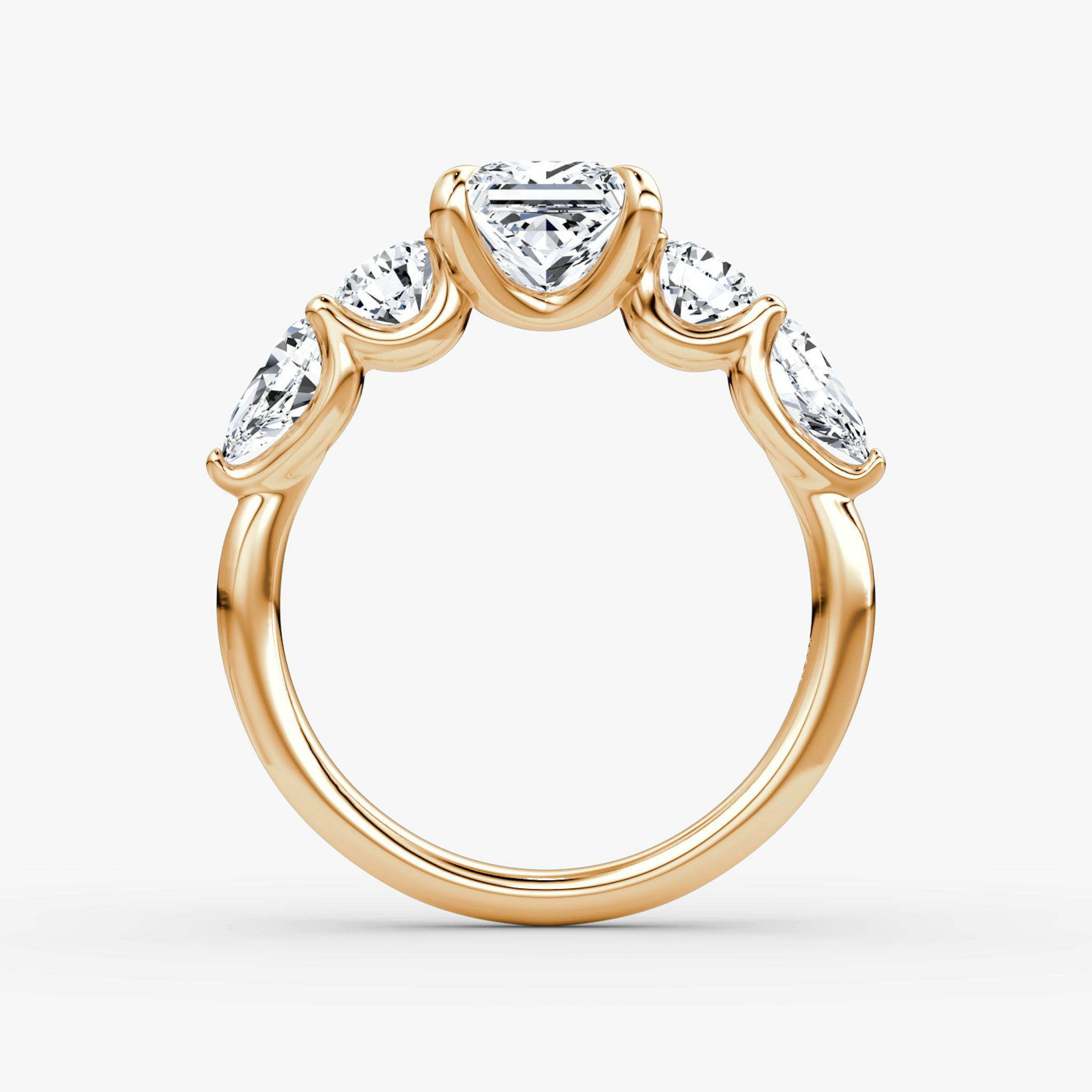 The Mixed Shape | Princess | 14k | Rose Gold | bandAccent: Plain | sideStoneOrientation: horizontal | sideStoneShape: Round Brilliant and Pear | diamondOrientation: vertical | caratWeight: other