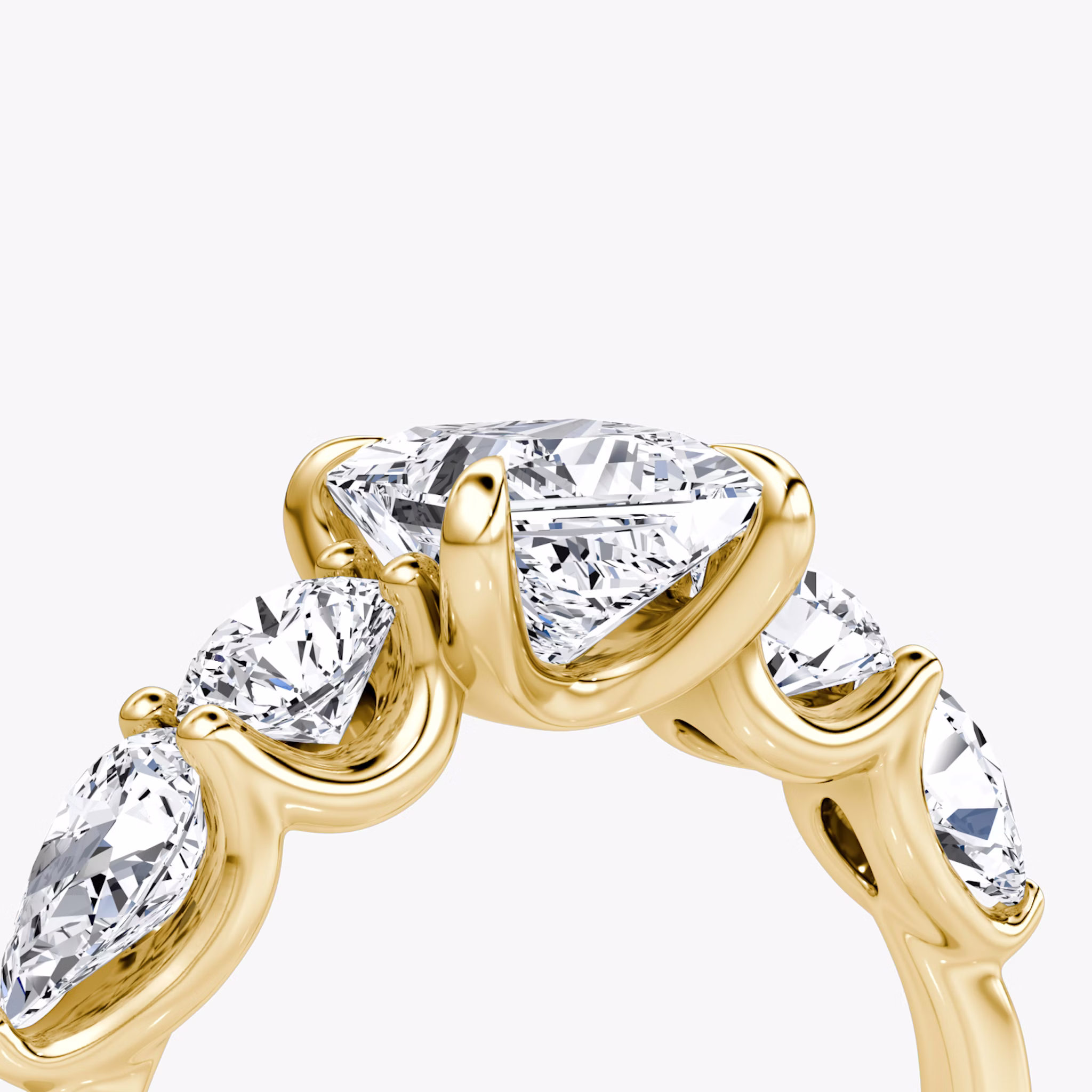 The Mixed Shape | Princess | 18k | Yellow Gold | bandAccent: Plain | sideStoneOrientation: horizontal | sideStoneShape: Round Brilliant and Pear | diamondOrientation: vertical | caratWeight: other
