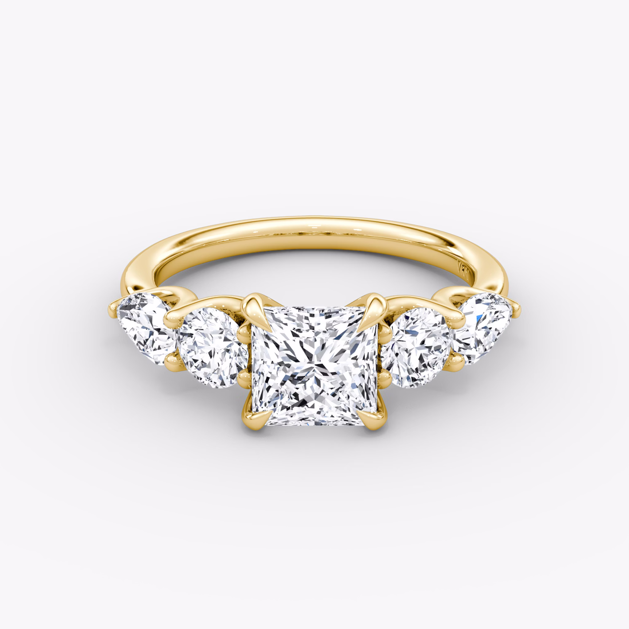 The Mixed Shape | Princess | 18k | Yellow Gold | bandAccent: Plain | sideStoneOrientation: horizontal | sideStoneShape: Round Brilliant and Pear | diamondOrientation: vertical | caratWeight: other