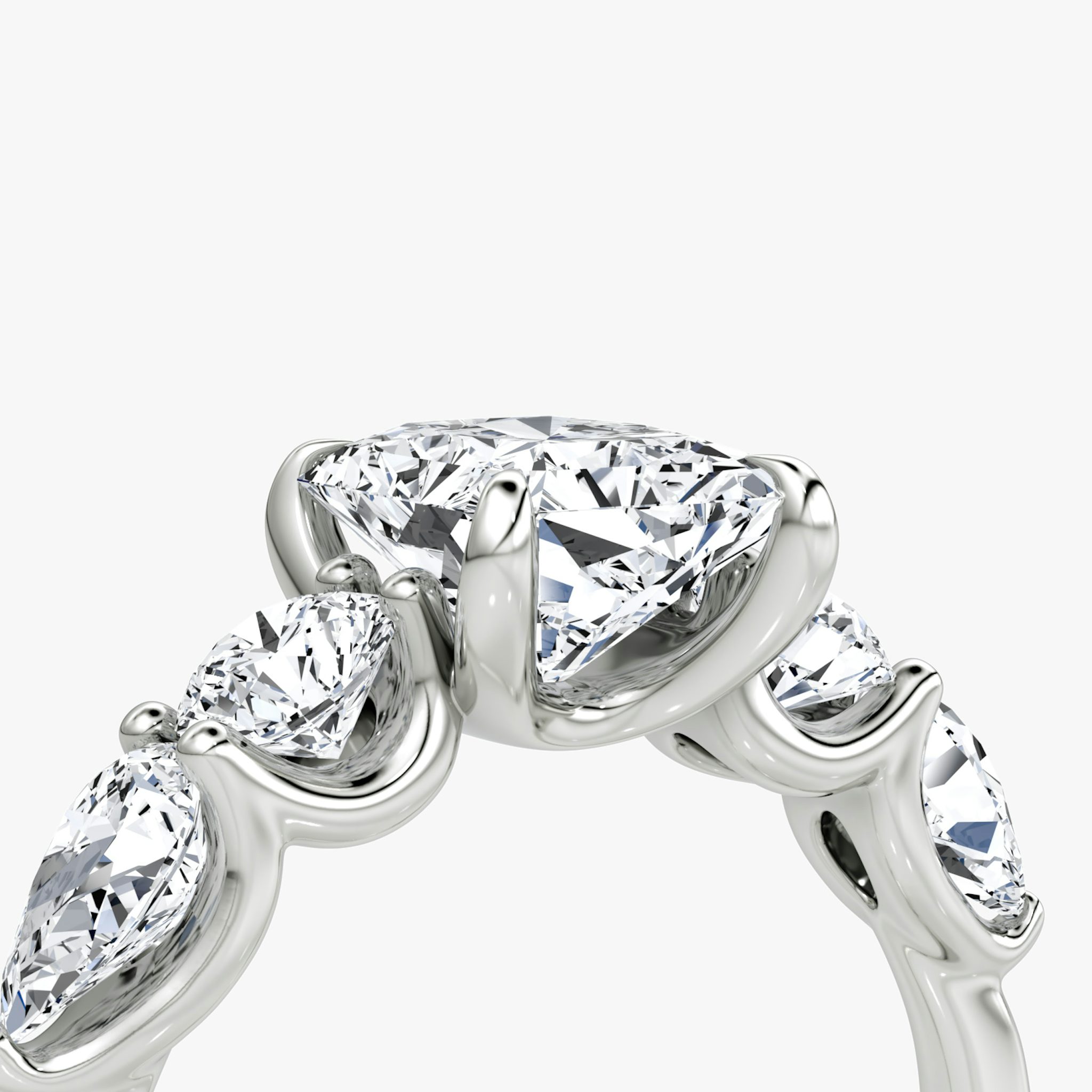 The Mixed Shape | Radiant | 18k | White Gold | bandAccent: Plain | sideStoneOrientation: horizontal | sideStoneShape: Round Brilliant and Pear | diamondOrientation: vertical | caratWeight: other