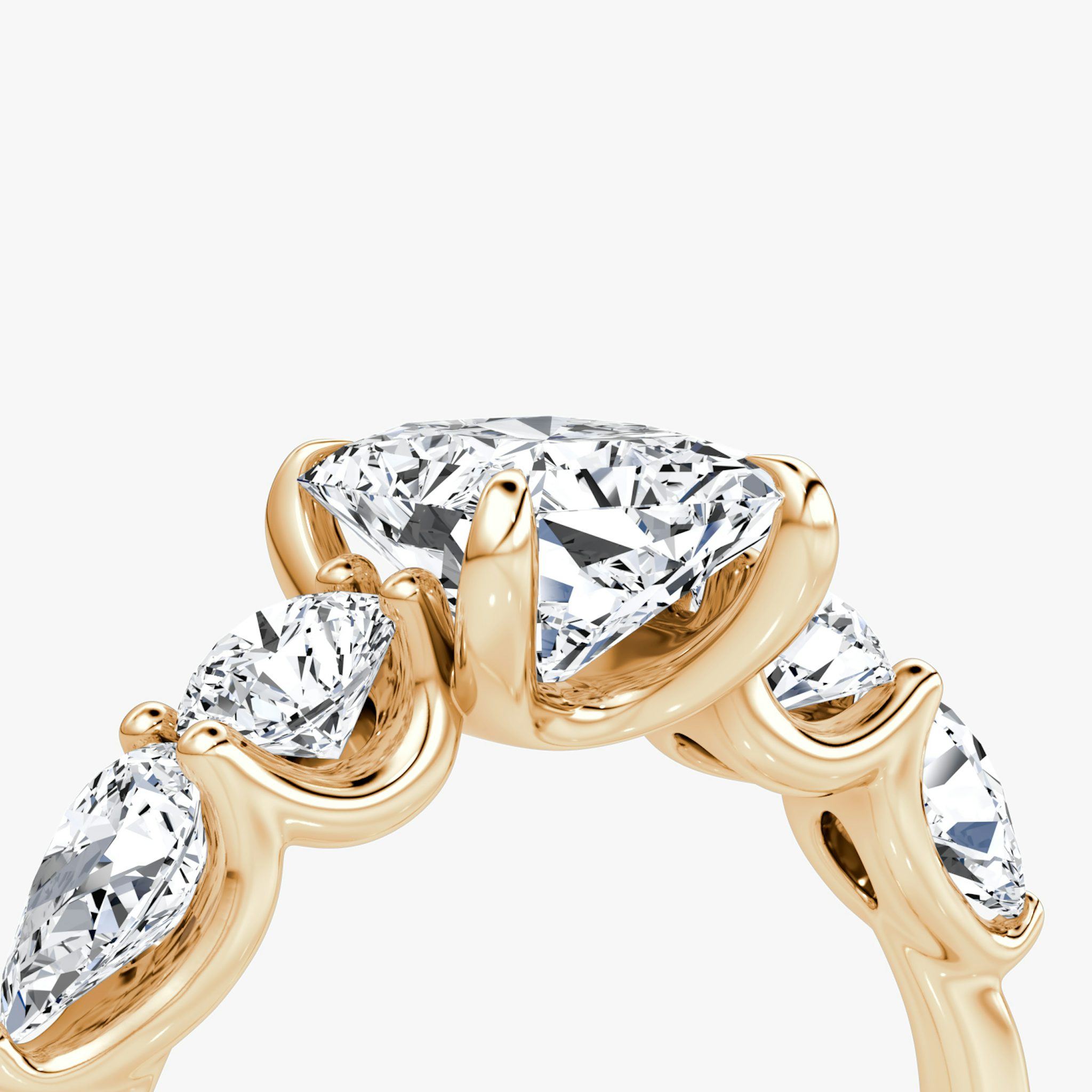 The Mixed Shape | Radiant | 14k | Rose Gold | bandAccent: Plain | sideStoneOrientation: horizontal | sideStoneShape: Round Brilliant and Pear | diamondOrientation: vertical | caratWeight: other