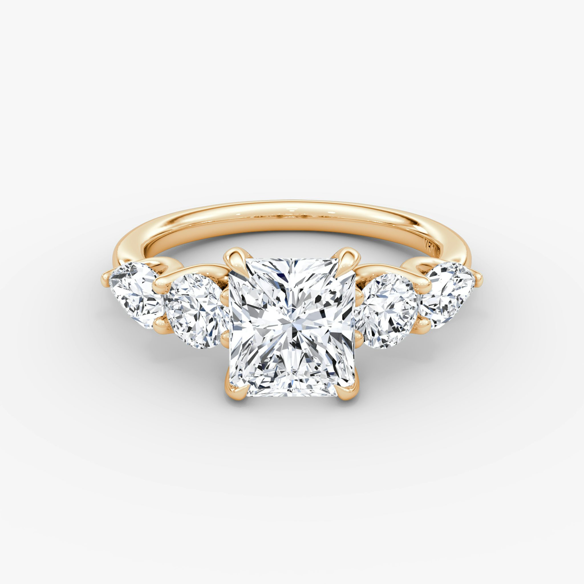 The Mixed Shape | Radiant | 14k | Rose Gold | bandAccent: Plain | sideStoneOrientation: horizontal | sideStoneShape: Round Brilliant and Pear | diamondOrientation: vertical | caratWeight: other