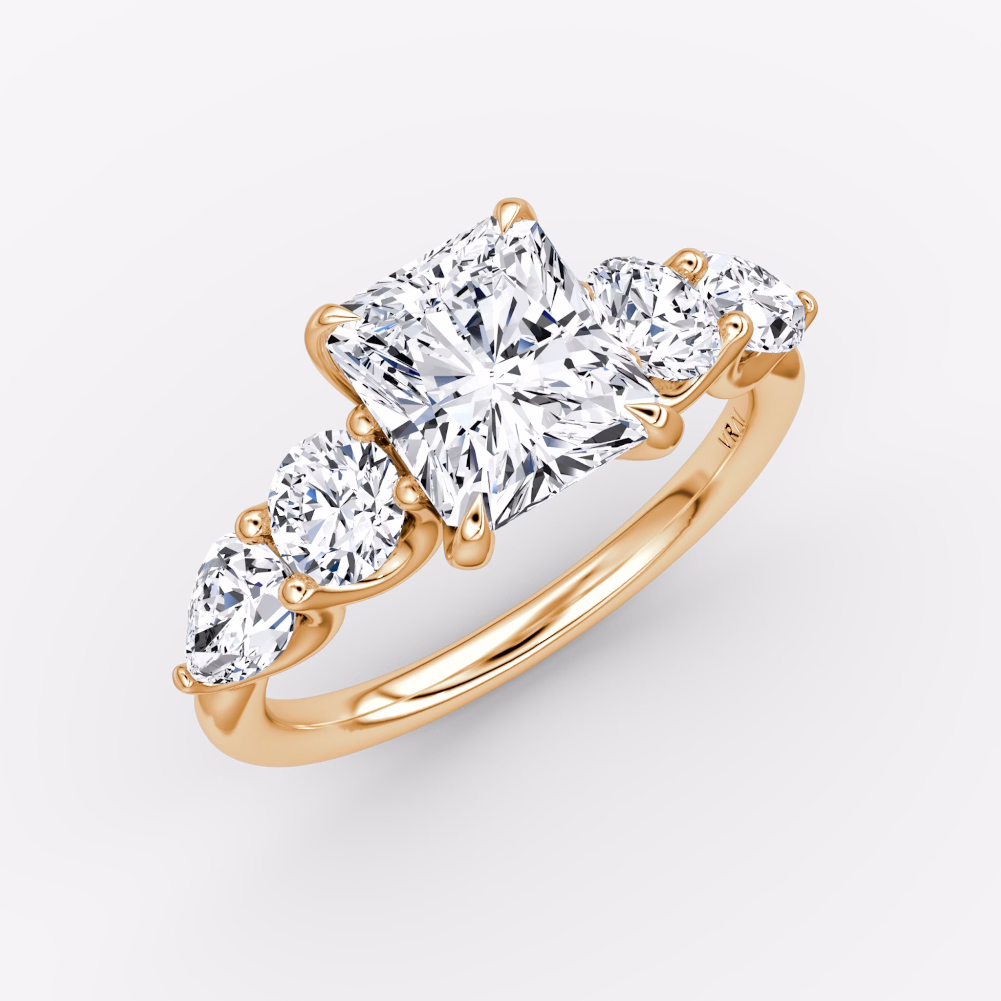 The Mixed Shape | Radiant | 14k | Rose Gold | bandAccent: Plain | sideStoneOrientation: horizontal | sideStoneShape: Round Brilliant and Pear | diamondOrientation: vertical | caratWeight: other