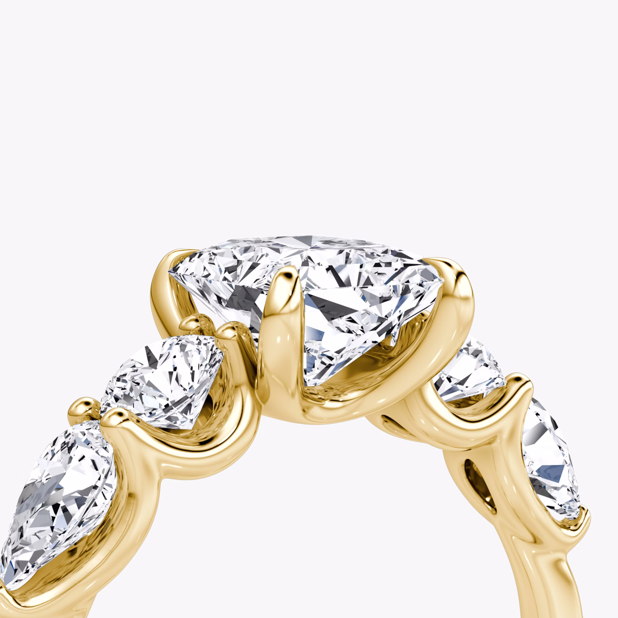 The Mixed Shape | Radiant | 18k | Yellow Gold | bandAccent: Plain | sideStoneOrientation: horizontal | sideStoneShape: Round Brilliant and Pear | diamondOrientation: vertical | caratWeight: other