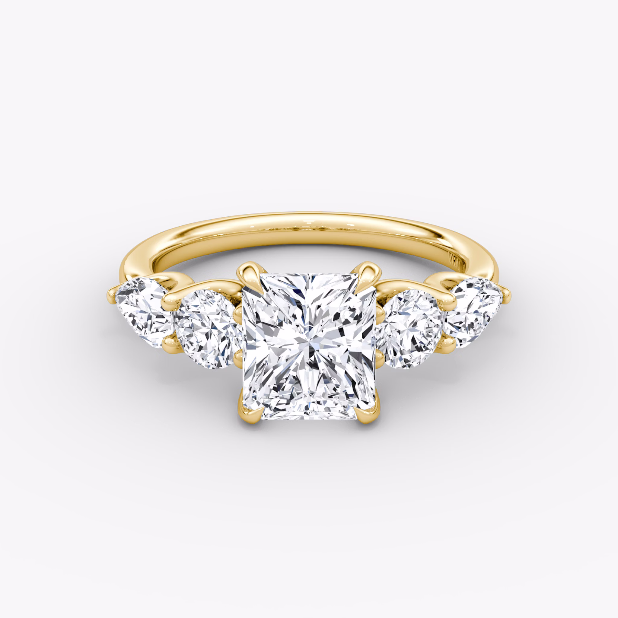 The Mixed Shape | Radiant | 18k | Yellow Gold | bandAccent: Plain | sideStoneOrientation: horizontal | sideStoneShape: Round Brilliant and Pear | diamondOrientation: vertical | caratWeight: other