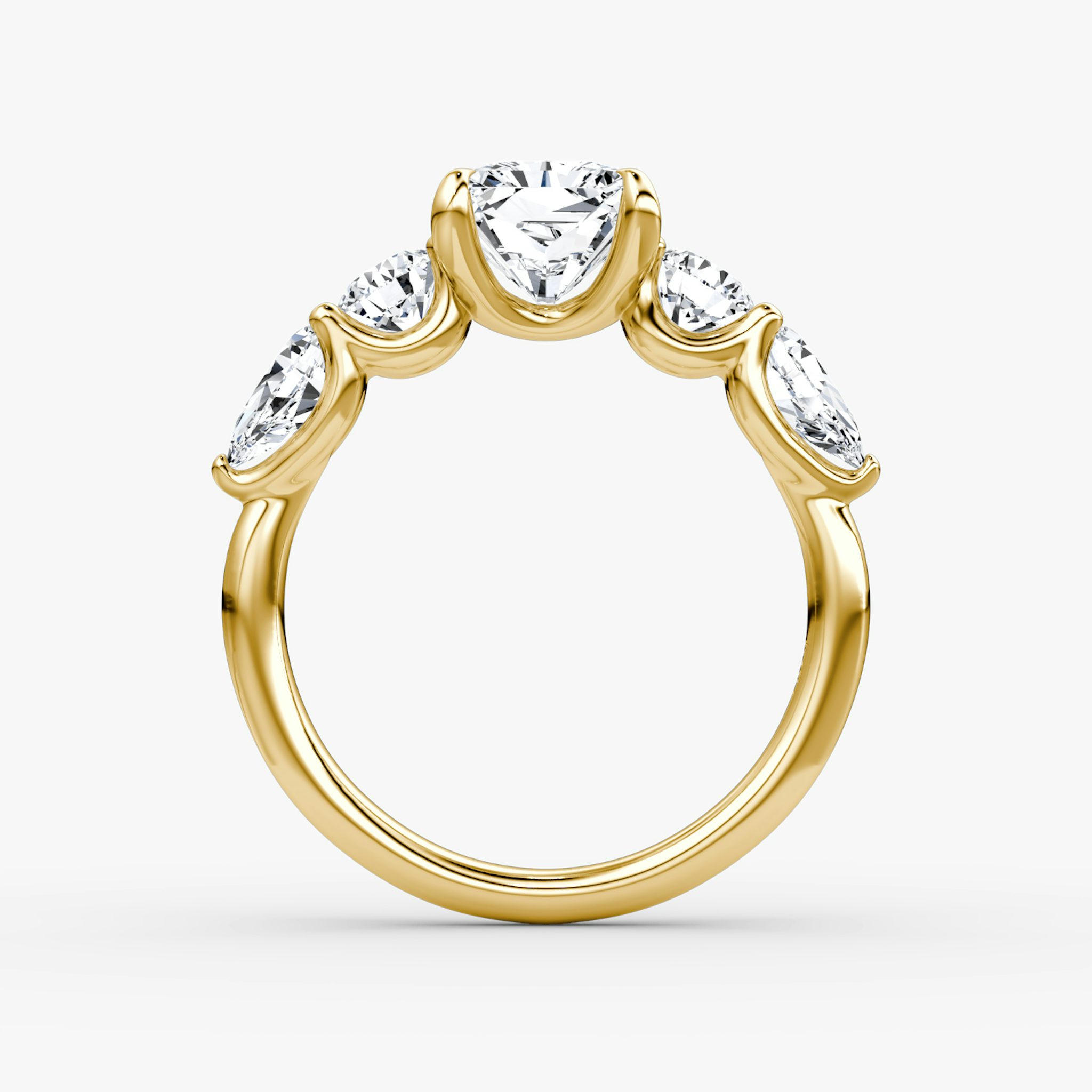 The Mixed Shape | Radiant | 18k | Yellow Gold | bandAccent: Plain | sideStoneOrientation: horizontal | sideStoneShape: Round Brilliant and Pear | diamondOrientation: vertical | caratWeight: other