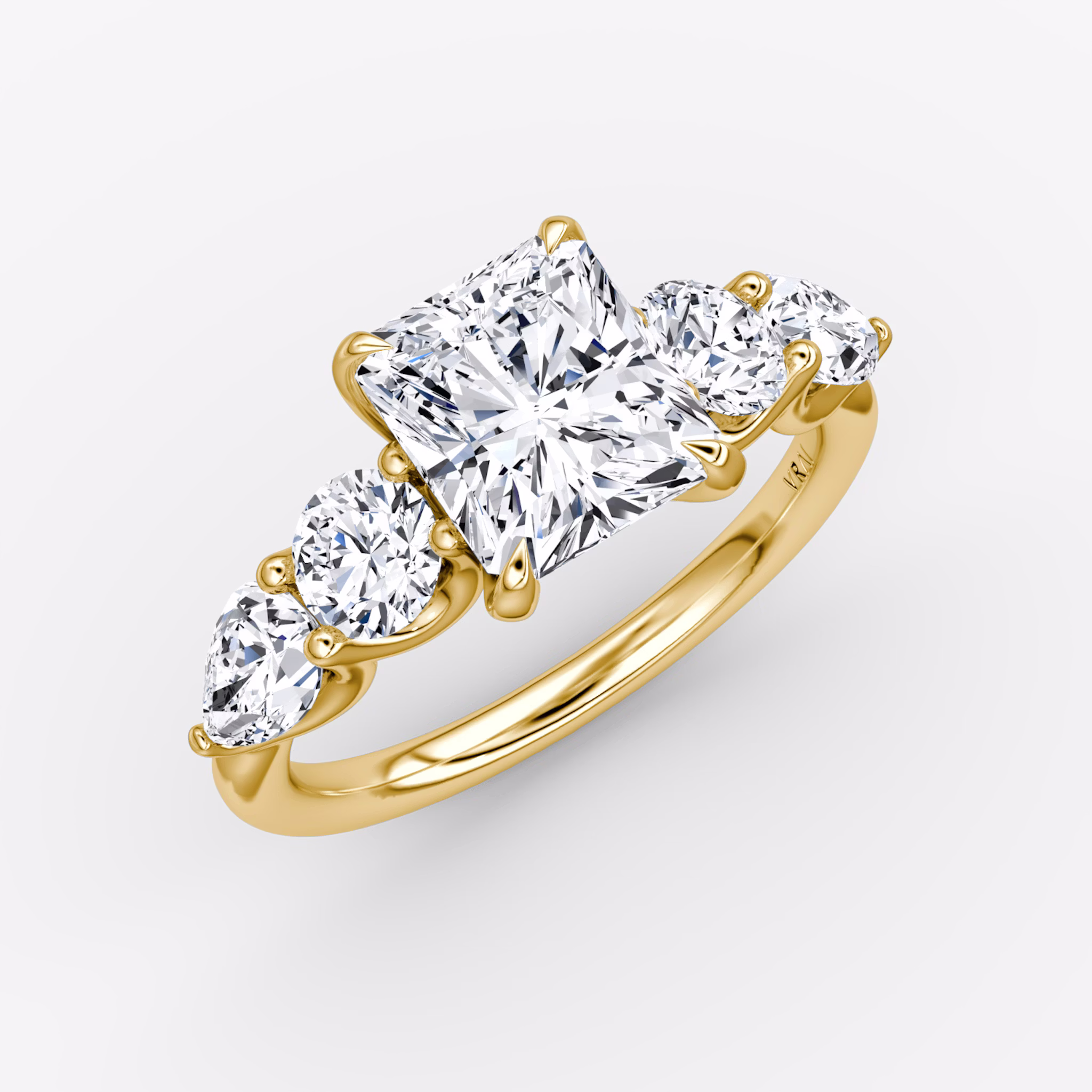 The Mixed Shape | Radiant | 18k | Yellow Gold | bandAccent: Plain | sideStoneOrientation: horizontal | sideStoneShape: Round Brilliant and Pear | diamondOrientation: vertical | caratWeight: other