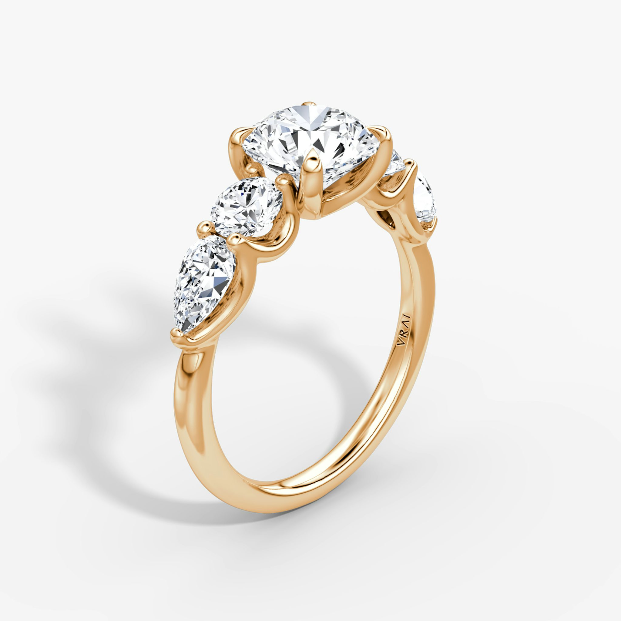 The Mixed Shape | Round Brilliant | 14k | Rose Gold | bandAccent: Plain | caratWeight: other | sideStoneOrientation: horizontal | sideStoneShape: Round Brilliant and Pear | diamondOrientation: vertical
