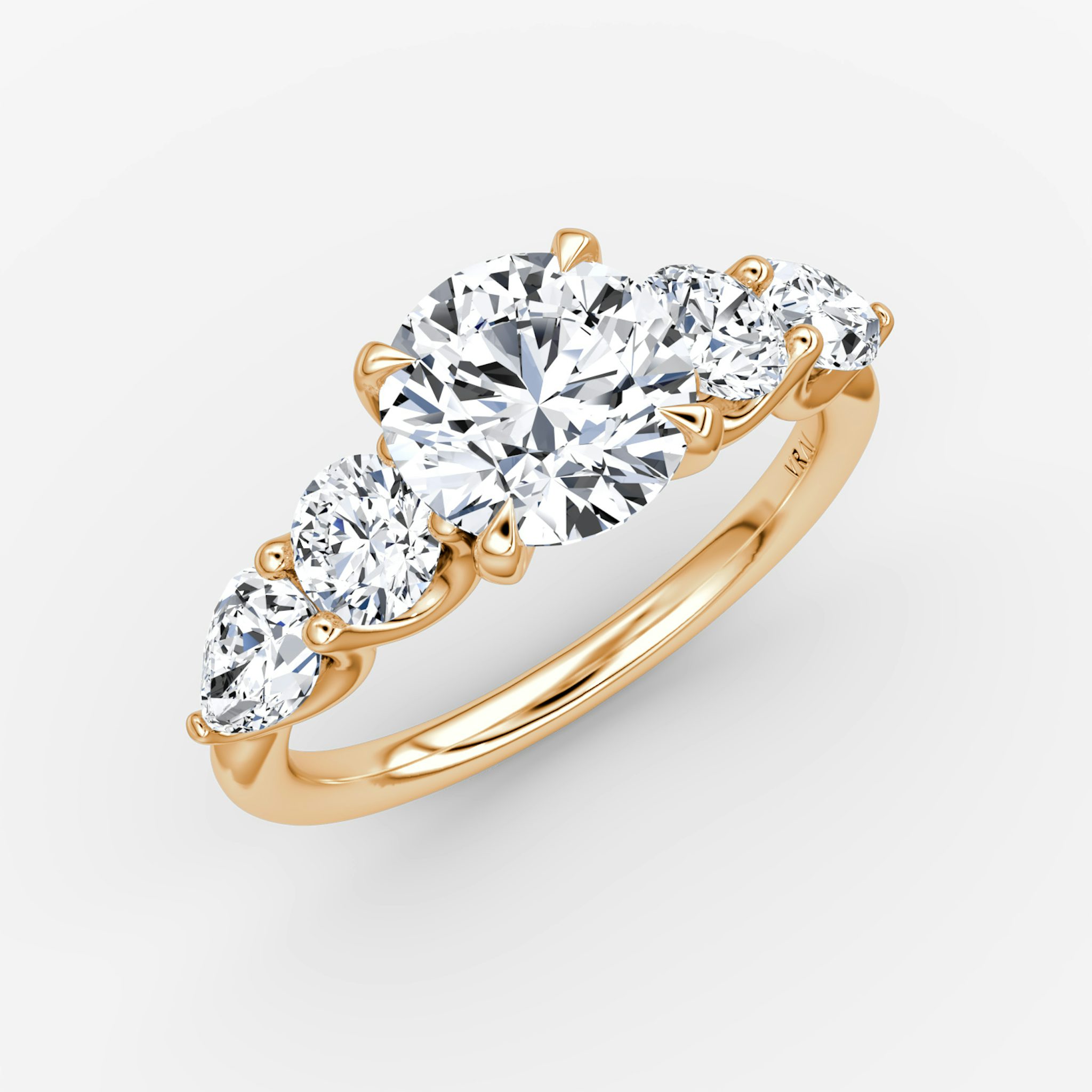 The Mixed Shape | Round Brilliant | 14k | Rose Gold | bandAccent: Plain | caratWeight: other | sideStoneOrientation: horizontal | sideStoneShape: Round Brilliant and Pear | diamondOrientation: vertical