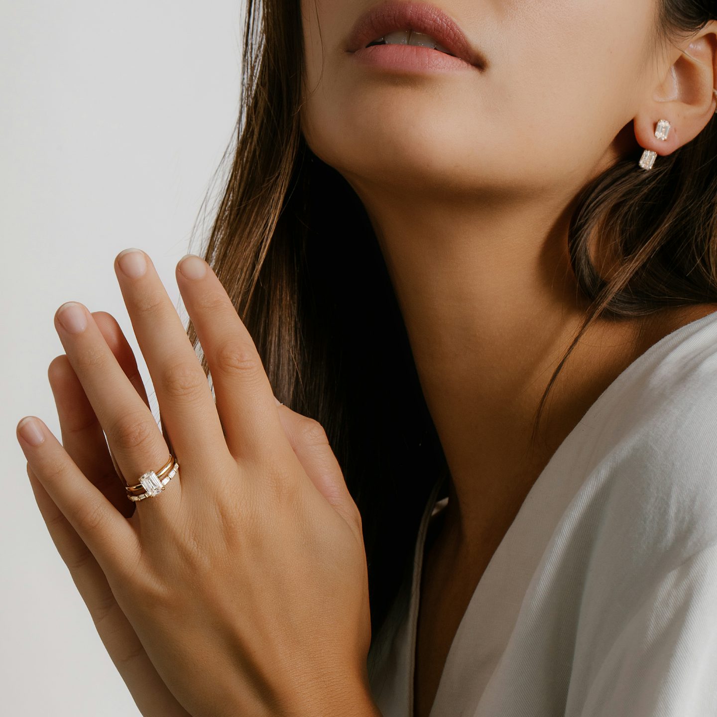 Solitaire Stud & Ear Jacket | 14k | White Gold | bottomDiamondShape: Emerald | topDiamondShape: Emerald | caratWeight: 2ct