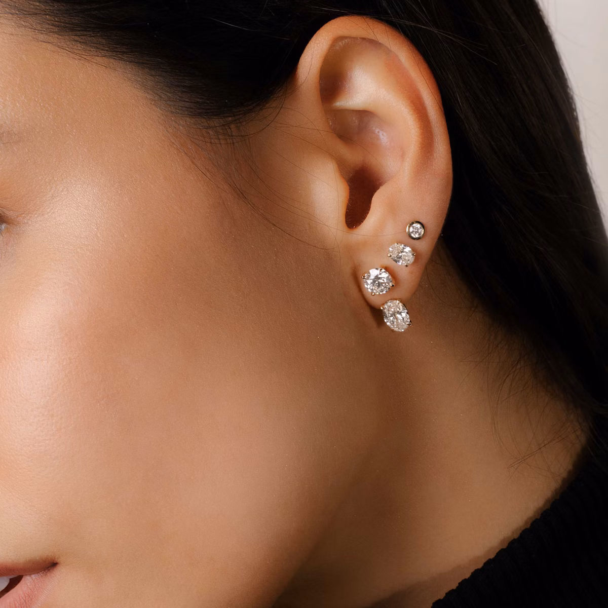 Solitaire Stud & Ear Jacket | 14k | White Gold | bottomDiamondShape: Oval | topDiamondShape: Round Brilliant | caratWeight: 1ct