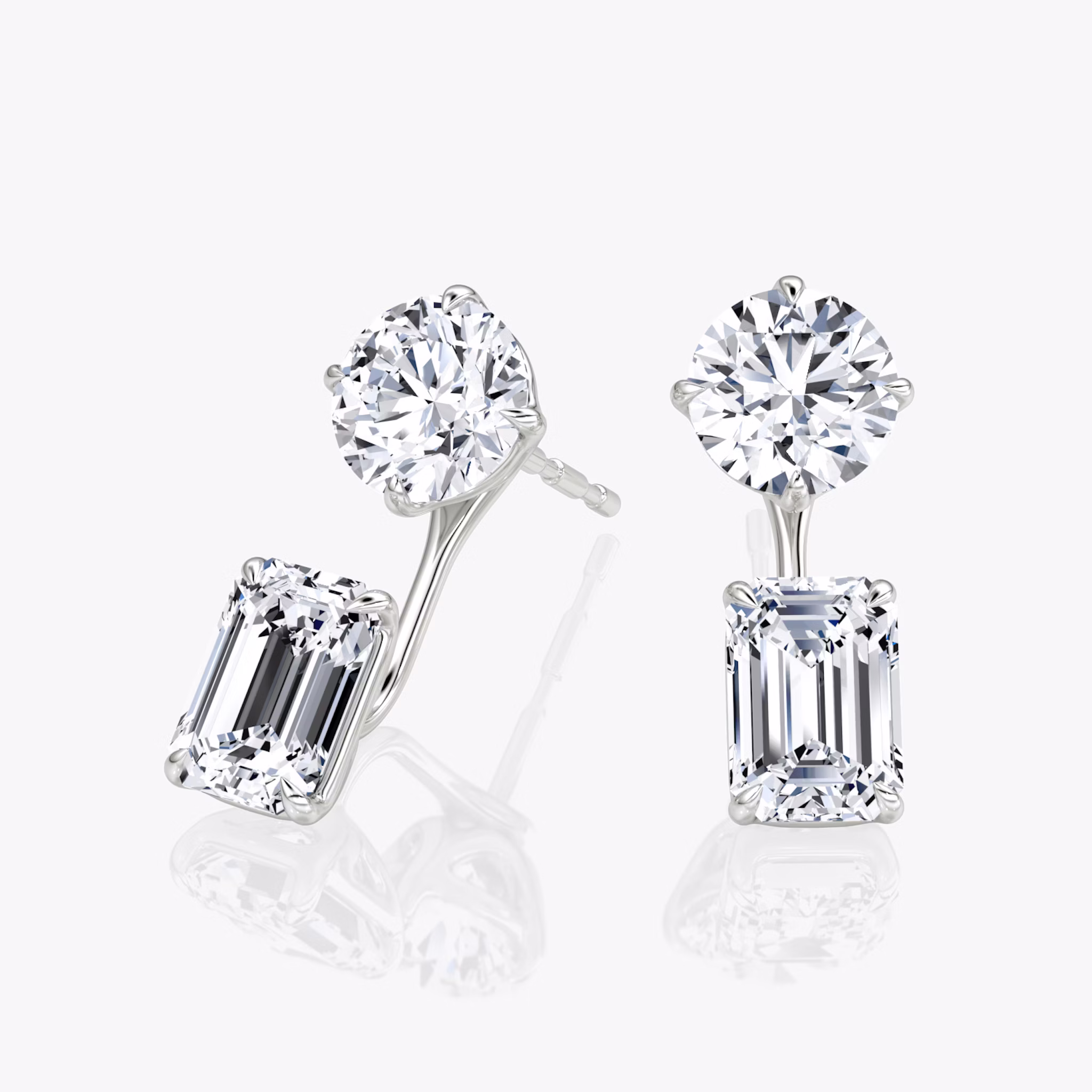 Solitaire Stud & Ear Jacket | 14k | White Gold | bottomDiamondShape: Emerald | topDiamondShape: Round Brilliant | caratWeight: 2ct