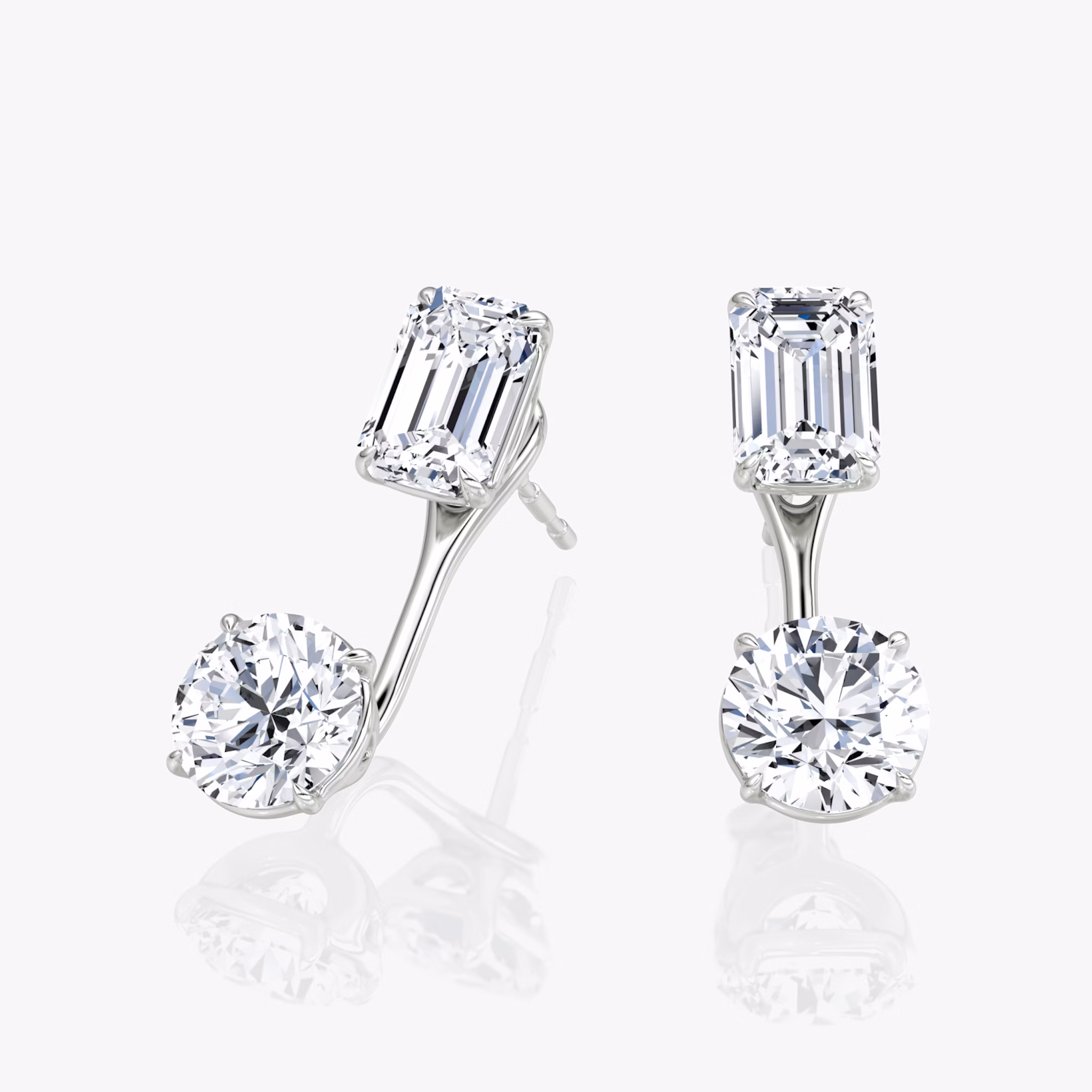 Solitaire Stud & Ear Jacket | 14k | White Gold | bottomDiamondShape: Round Brilliant | topDiamondShape: Emerald | caratWeight: 1ct
