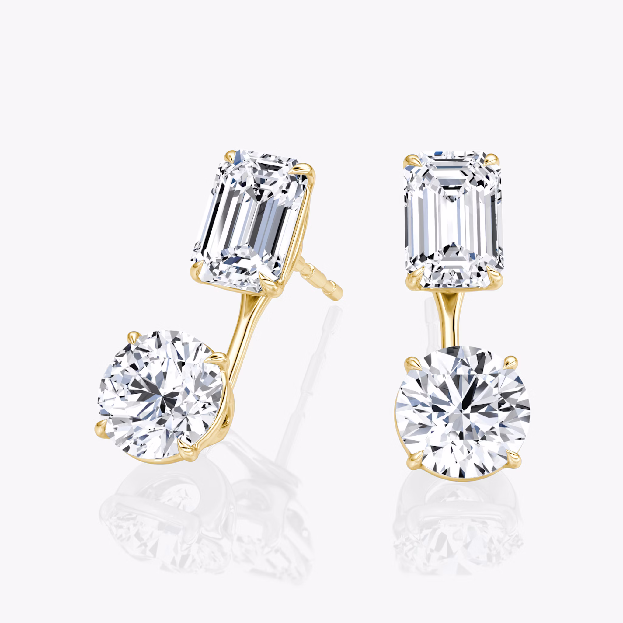 Solitaire Stud & Ear Jacket | 14k | Yellow Gold | bottomDiamondShape: Round Brilliant | topDiamondShape: Emerald | caratWeight: 2ct
