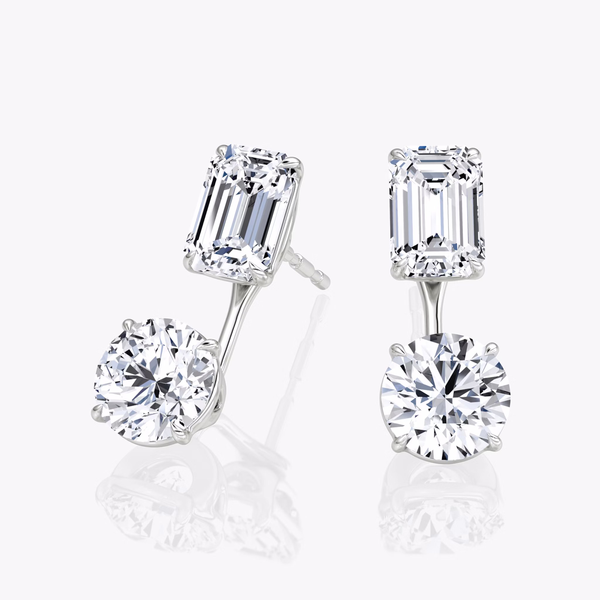 Solitaire Stud & Ear Jacket | 14k | White Gold | bottomDiamondShape: Round Brilliant | topDiamondShape: Emerald | caratWeight: 2ct