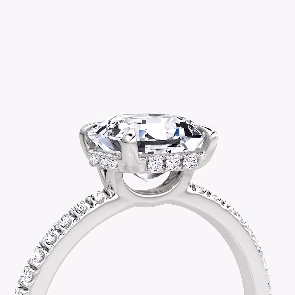 The Signature | Asscher | Platinum | bandAccent: Pavé | bandWidth: standard | hiddenHalo: yes | diamondOrientation: vertical | caratWeight: other