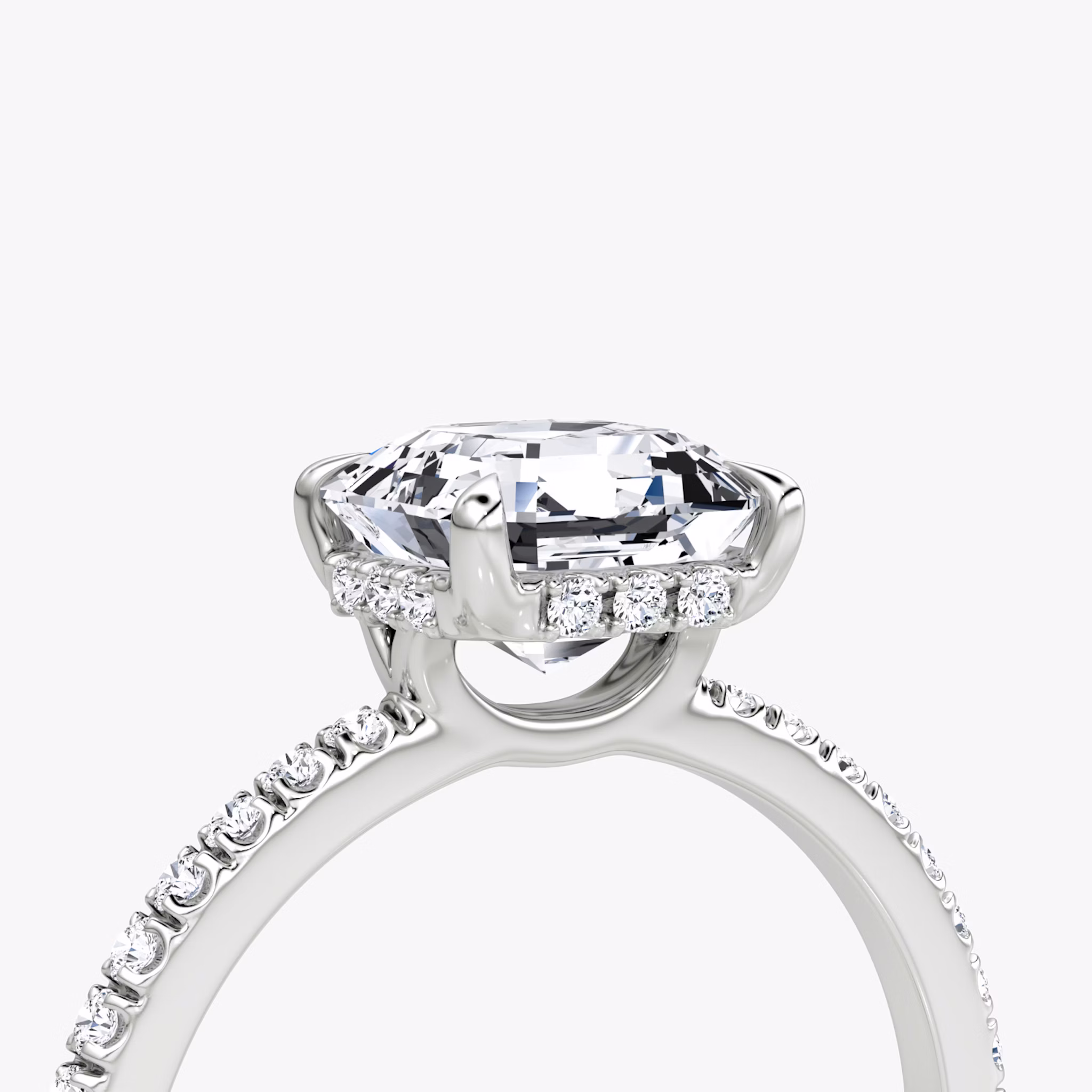 The Signature | Asscher | 18k | White Gold | bandAccent: Pavé | bandWidth: standard | hiddenHalo: yes | diamondOrientation: horizontal | caratWeight: other