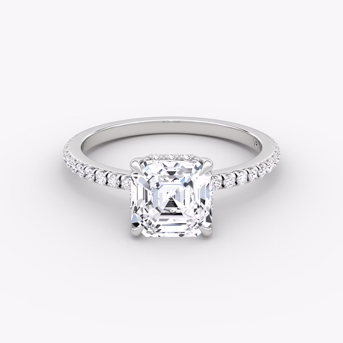 The Signature | Asscher | Platinum | bandAccent: Pavé | bandWidth: standard | hiddenHalo: yes | diamondOrientation: vertical | caratWeight: other