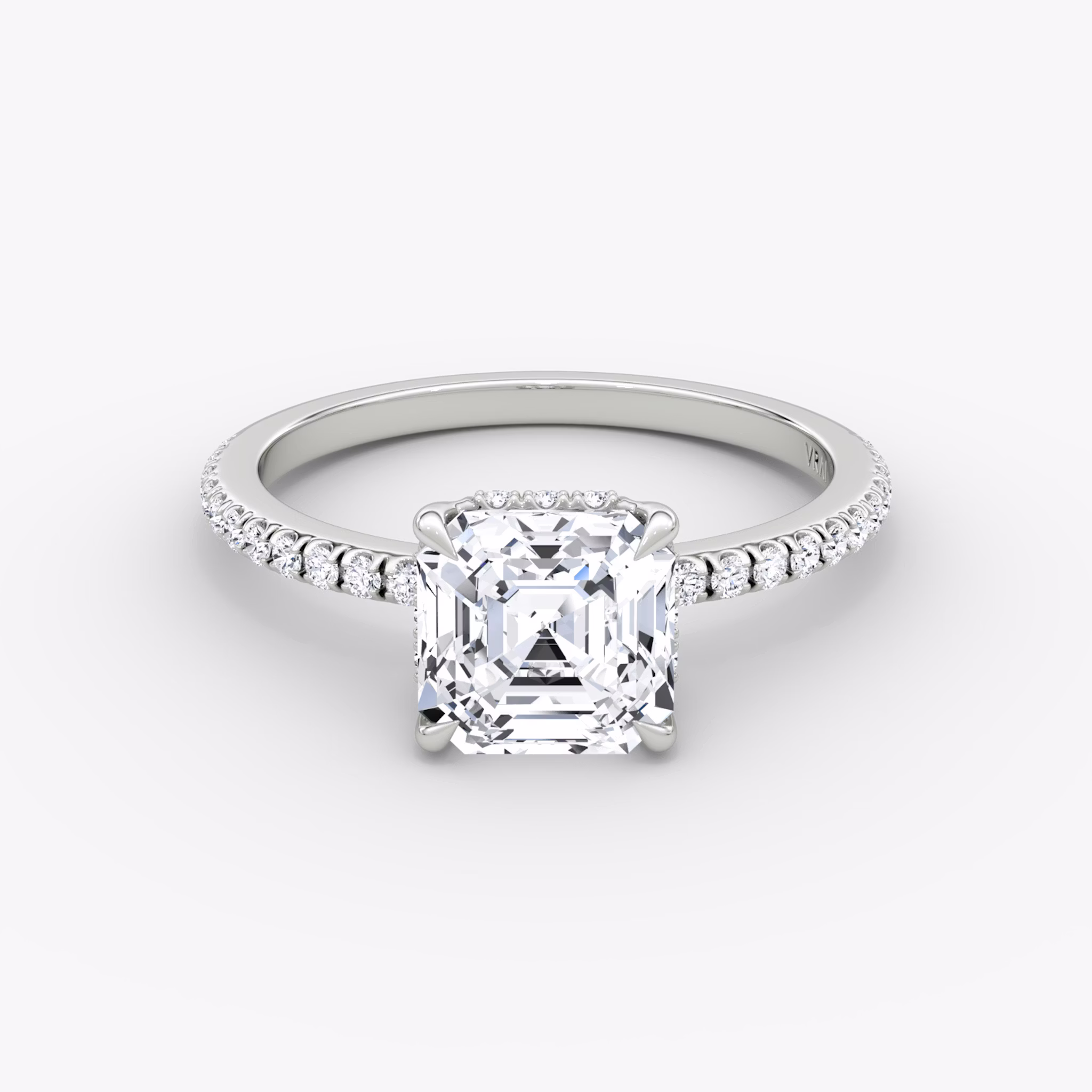 The Signature | Asscher | 18k | White Gold | bandAccent: Pavé | bandWidth: standard | hiddenHalo: yes | diamondOrientation: horizontal | caratWeight: other