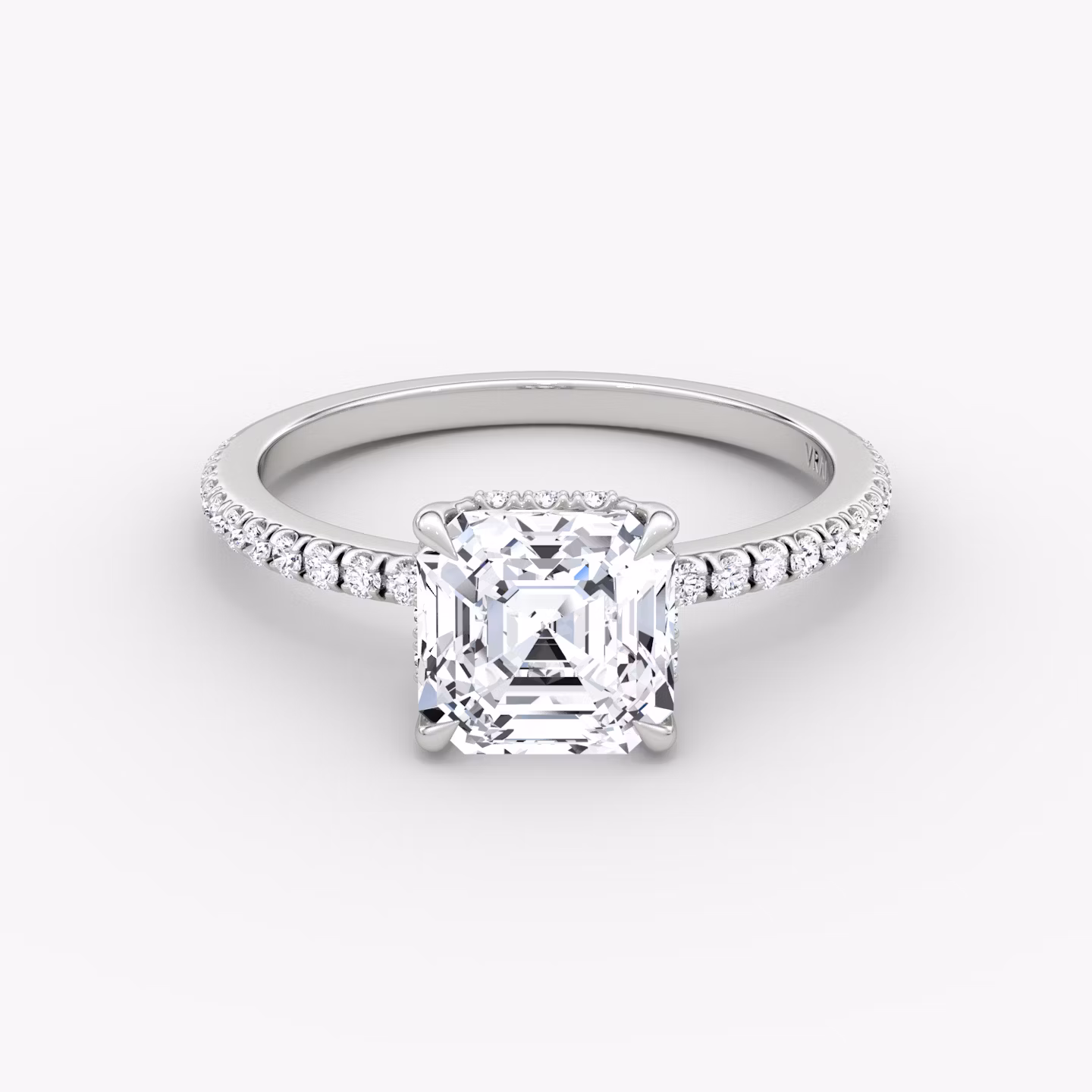 The Signature | Asscher | 18k | White Gold | bandAccent: Pavé | bandWidth: standard | hiddenHalo: yes | diamondOrientation: vertical | caratWeight: other