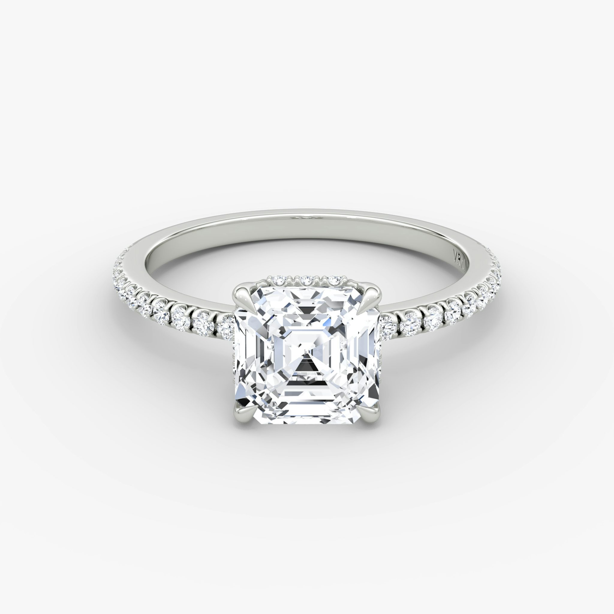 The Signature | Asscher | 18k | White Gold | bandAccent: Pavé | bandWidth: standard | hiddenHalo: yes | diamondOrientation: horizontal | caratWeight: other