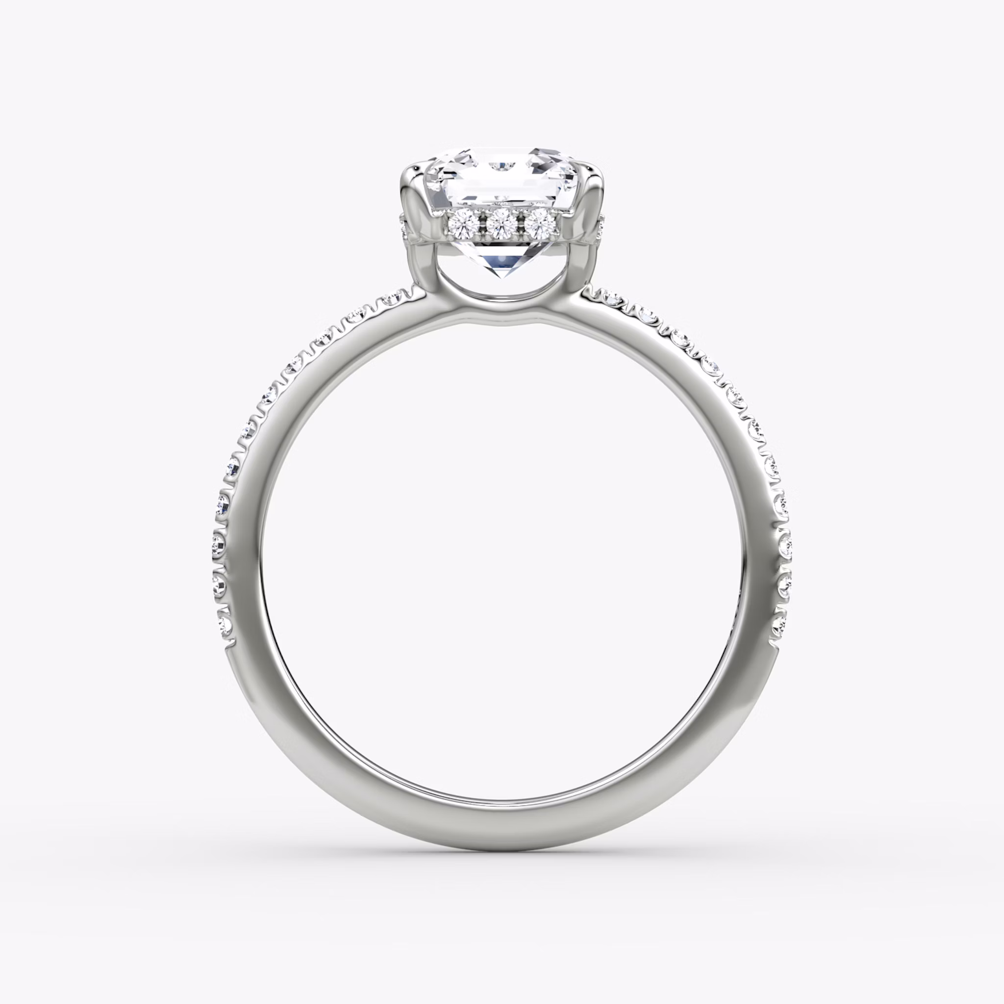 The Signature | Asscher | 18k | White Gold | bandAccent: Pavé | bandWidth: standard | hiddenHalo: yes | diamondOrientation: horizontal | caratWeight: other