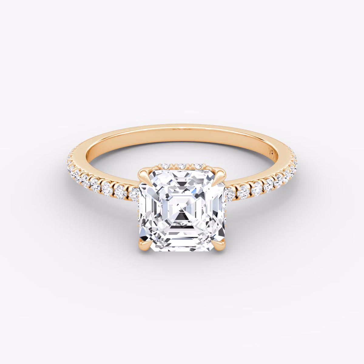 The Signature | Asscher | 14k | Rose Gold | bandAccent: Pavé | bandWidth: standard | hiddenHalo: yes | diamondOrientation: vertical | caratWeight: other