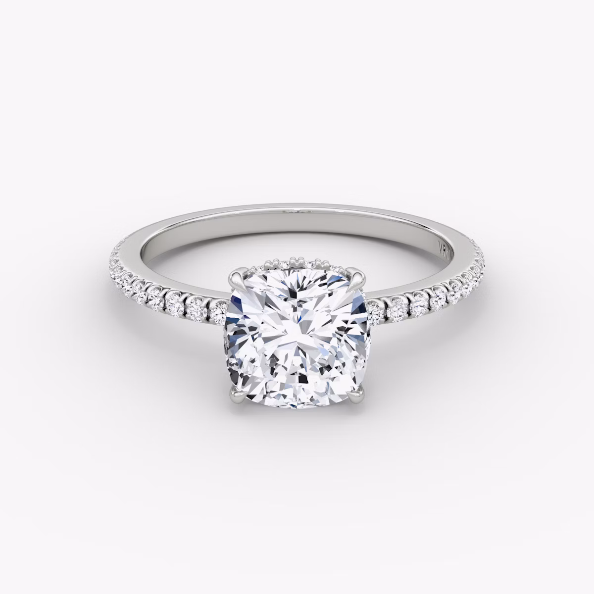 The Signature | Cushion | Platinum | bandAccent: Pavé | bandWidth: standard | hiddenHalo: yes | diamondOrientation: vertical | caratWeight: other