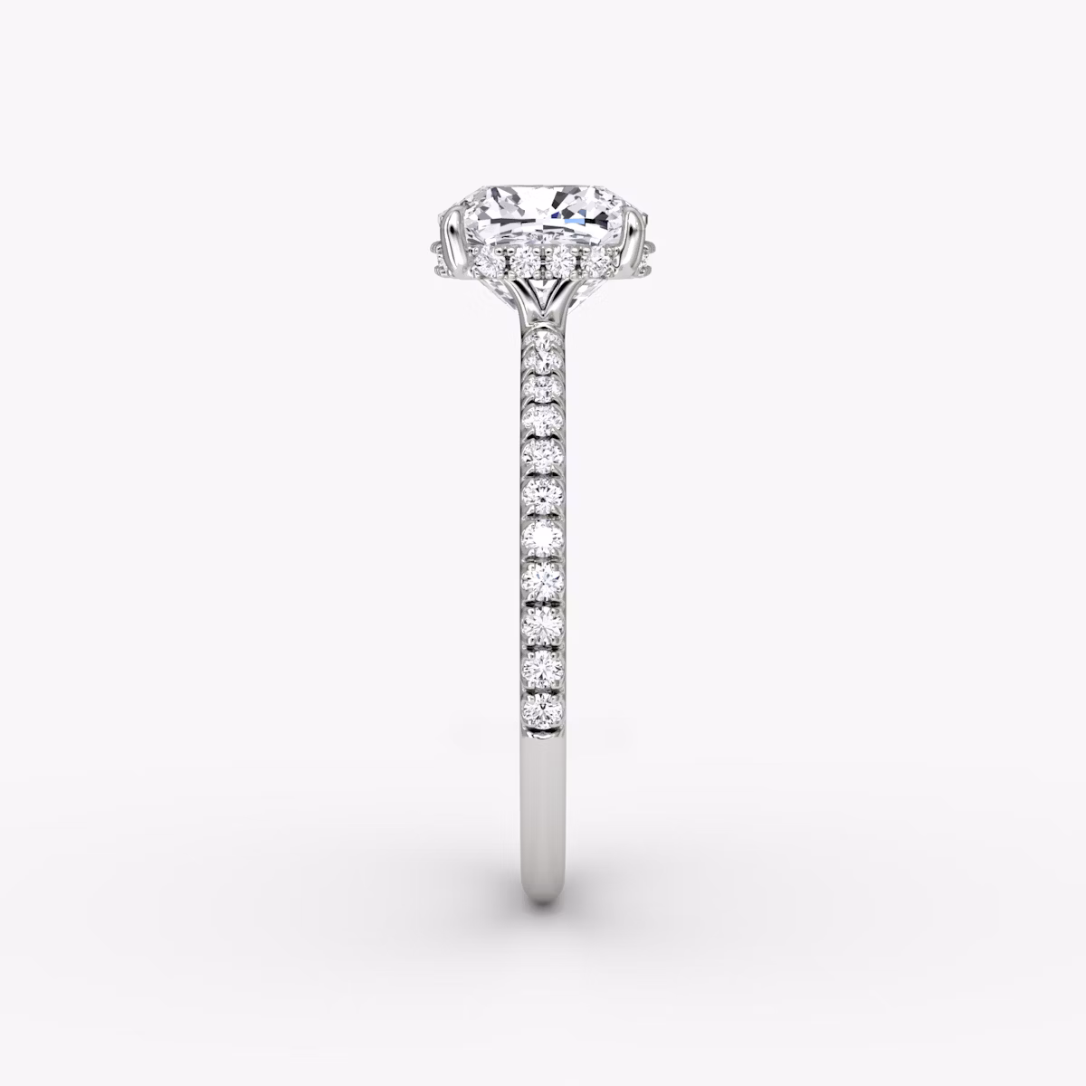 The Signature | Cushion | Platinum | bandAccent: Pavé | bandWidth: standard | hiddenHalo: yes | diamondOrientation: vertical | caratWeight: other