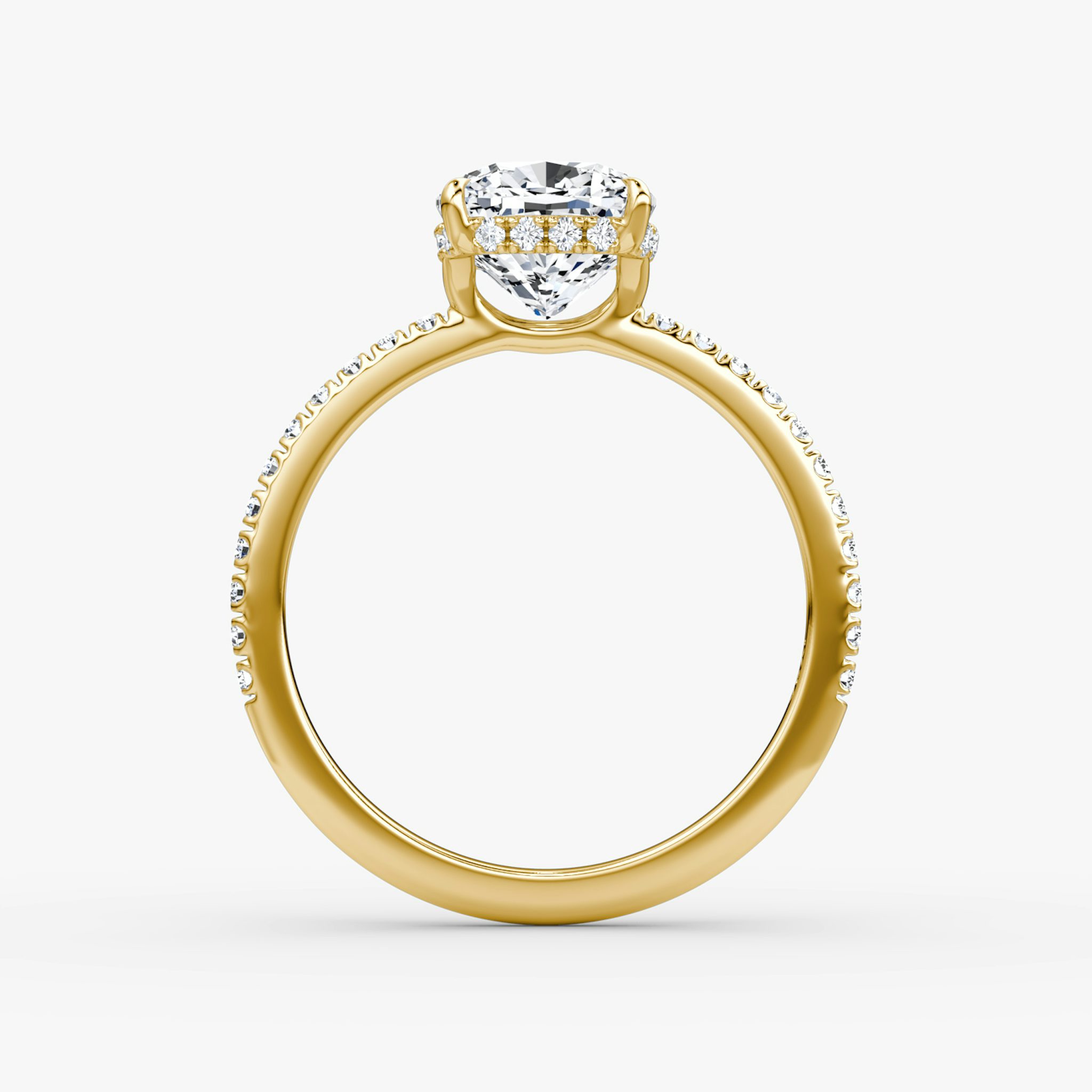 The Signature | Cushion | 18k | Yellow Gold | bandAccent: Pavé | bandWidth: standard | hiddenHalo: yes | diamondOrientation: vertical | caratWeight: other