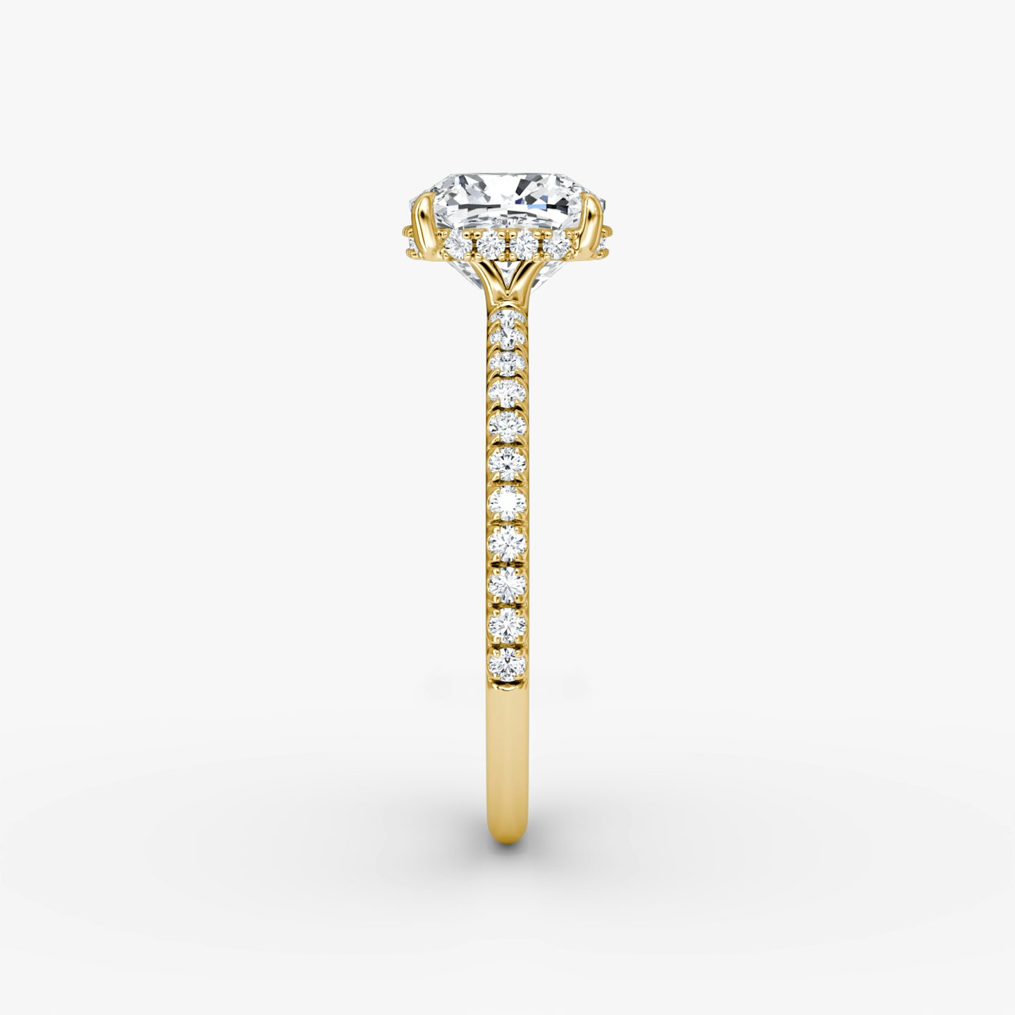 The Signature | Cushion | 18k | Yellow Gold | bandAccent: Pavé | bandWidth: standard | hiddenHalo: yes | diamondOrientation: horizontal | caratWeight: other