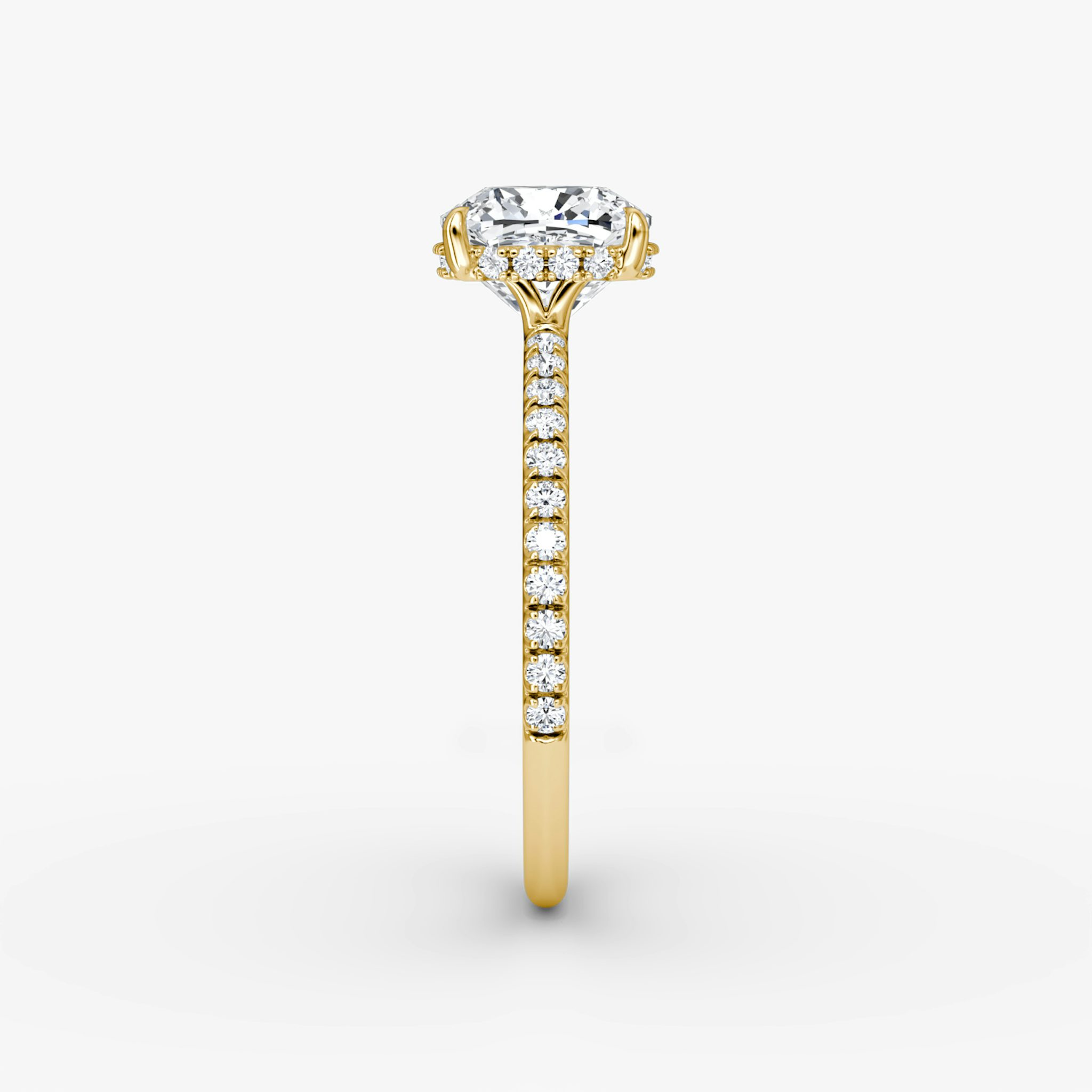 The Signature | Cushion | 18k | Yellow Gold | bandAccent: Pavé | bandWidth: standard | hiddenHalo: yes | diamondOrientation: vertical | caratWeight: other