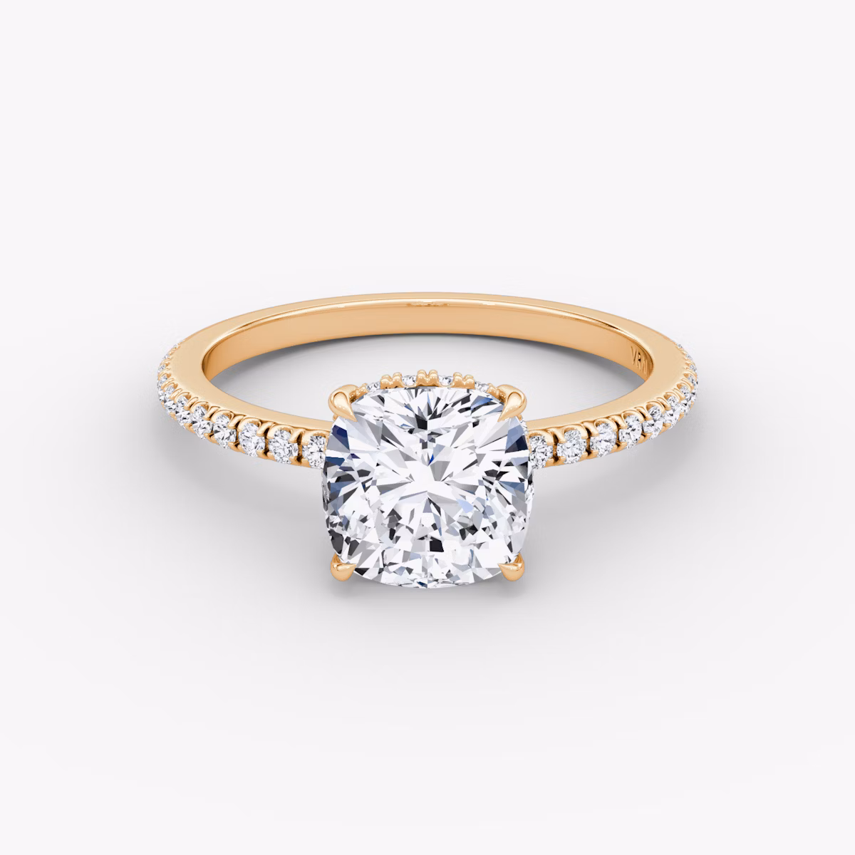 The Signature | Cushion | 14k | Rose Gold | bandAccent: Pavé | bandWidth: standard | hiddenHalo: yes | diamondOrientation: vertical | caratWeight: other
