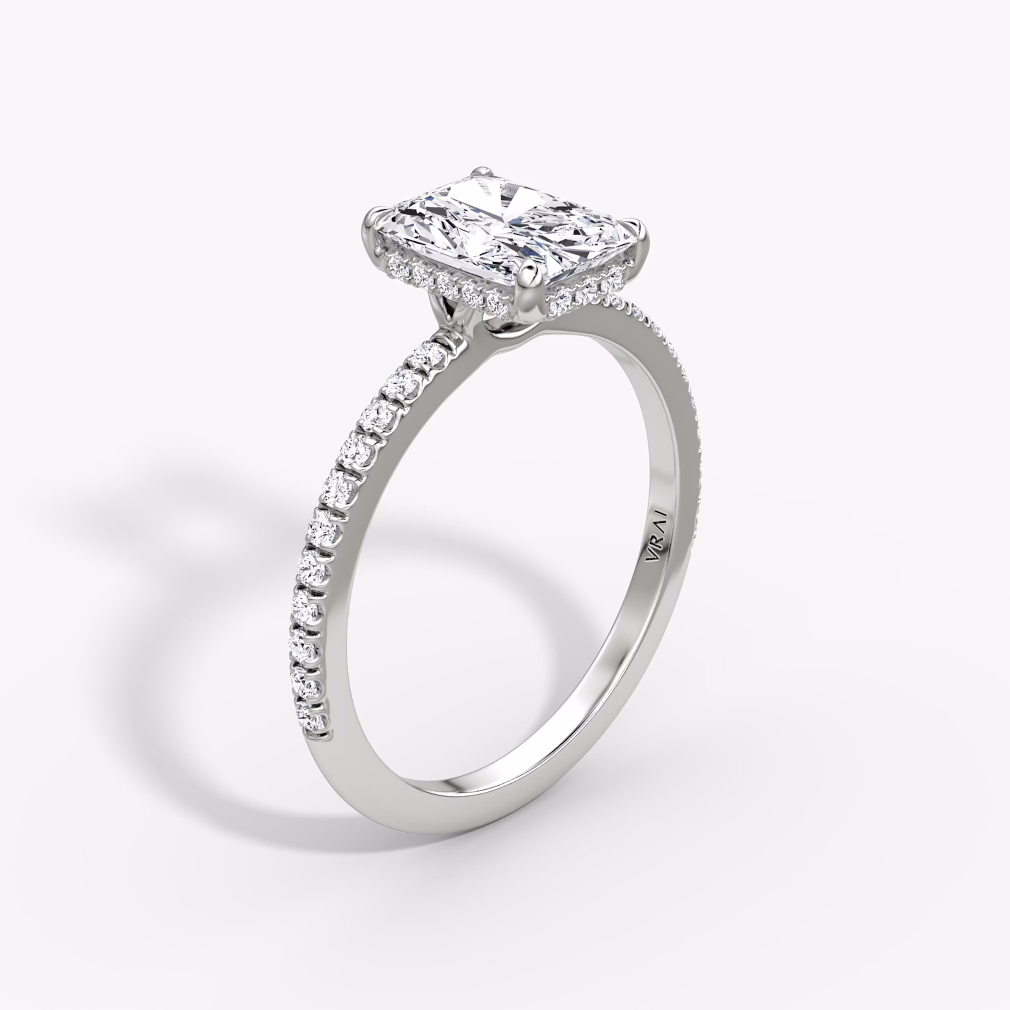 The Signature | Radiant | 18k | White Gold | bandAccent: Pavé | bandWidth: standard | hiddenHalo: yes | diamondOrientation: vertical | caratWeight: other