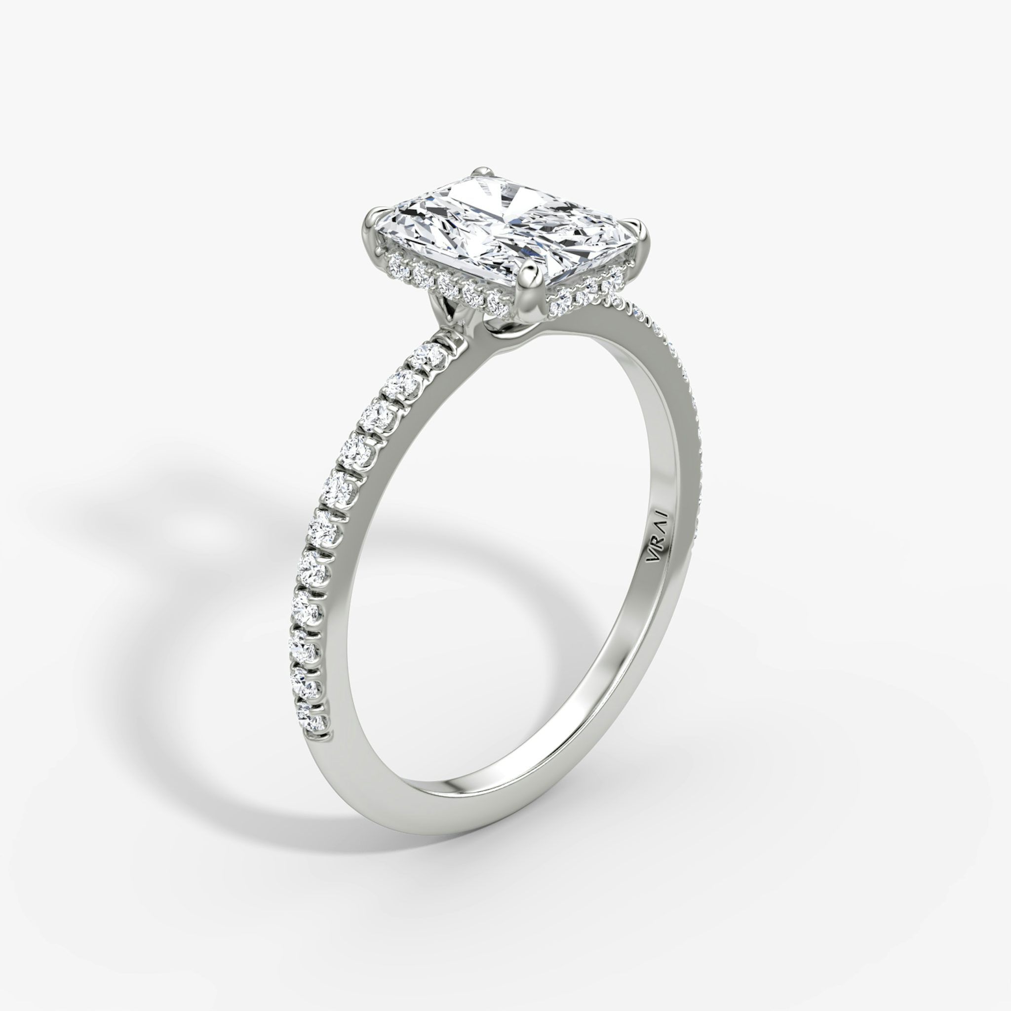 The Signature | Radiant | 18k | White Gold | bandAccent: Pavé | bandWidth: standard | hiddenHalo: yes | diamondOrientation: vertical | caratWeight: other