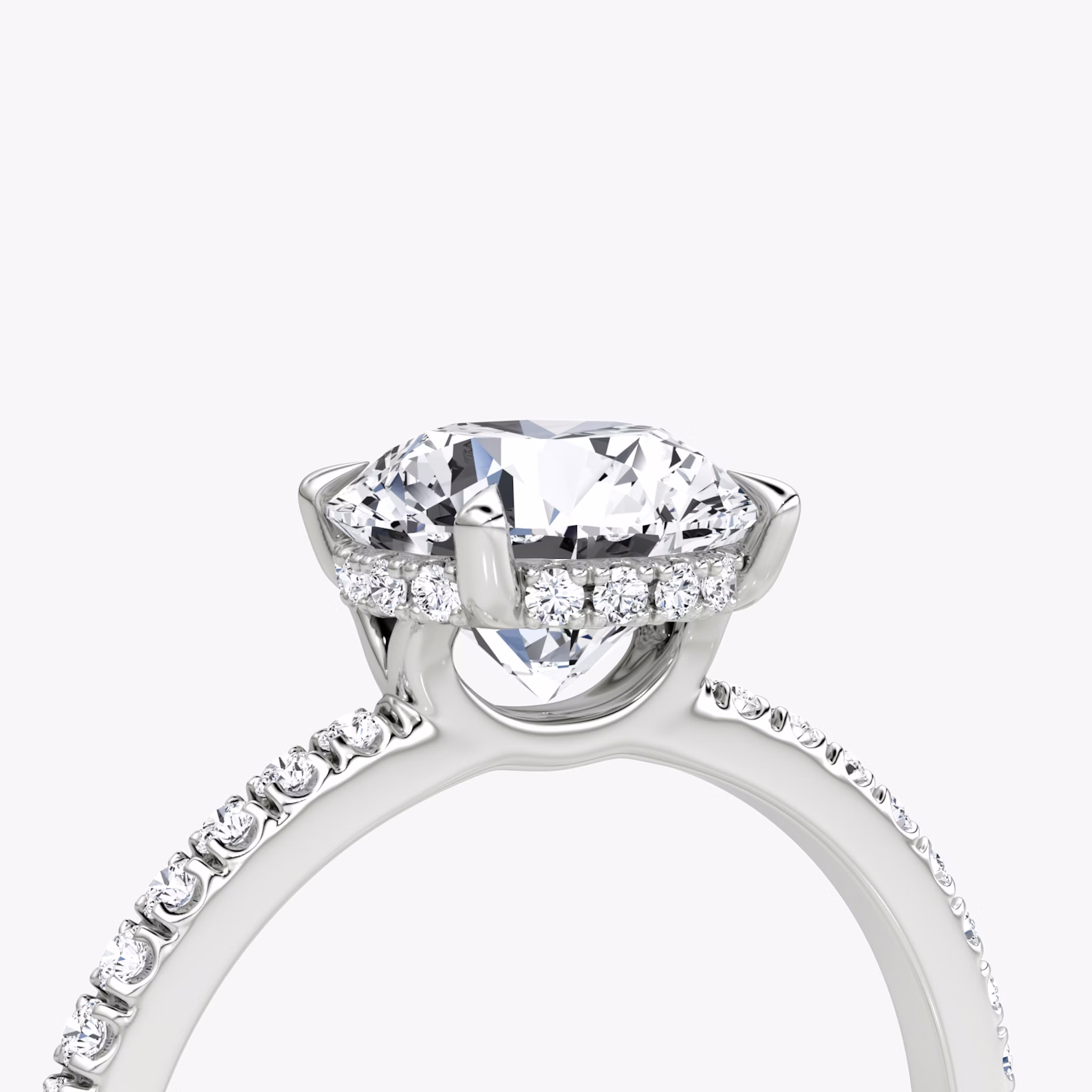 The Signature | Round Brilliant | 18k | White Gold | bandAccent: Pavé | bandWidth: standard | caratWeight: other | hiddenHalo: yes | diamondOrientation: vertical