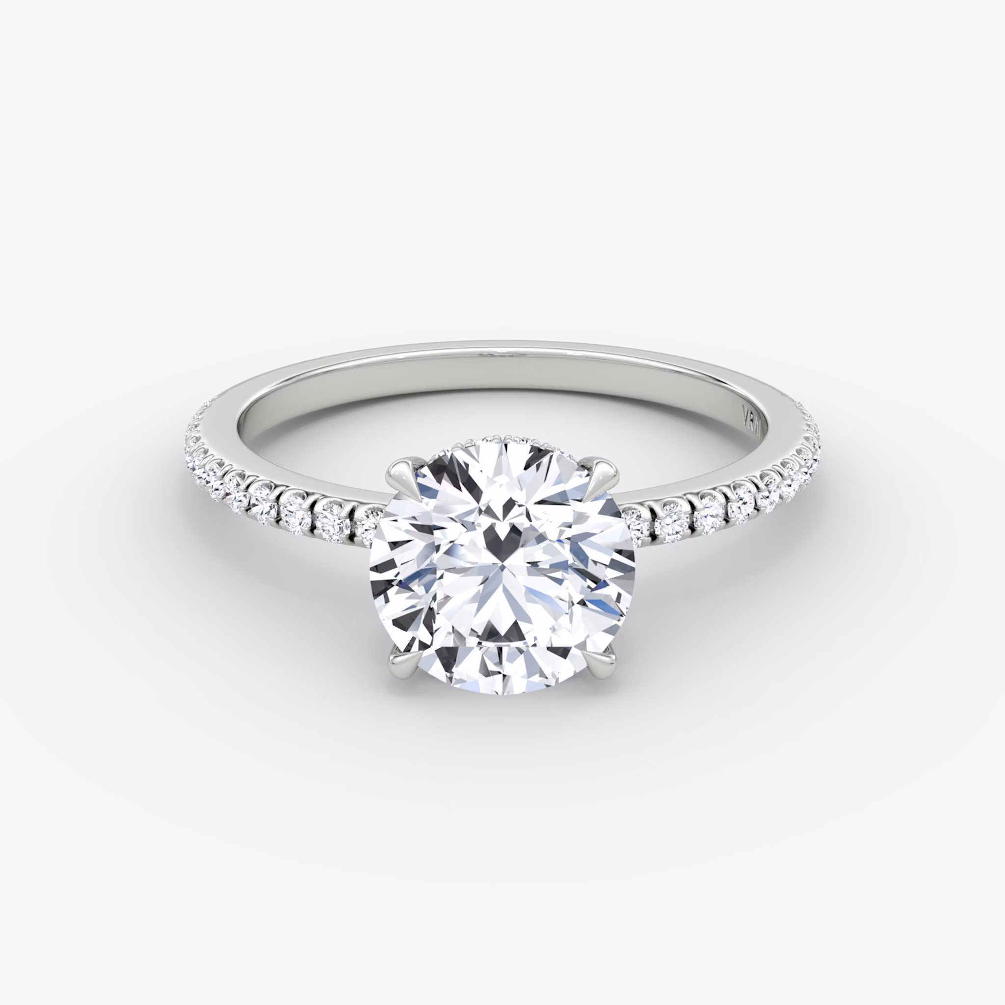 The Signature | Round Brilliant | 18k | White Gold | bandAccent: Pavé | bandWidth: standard | caratWeight: other | hiddenHalo: yes | diamondOrientation: vertical