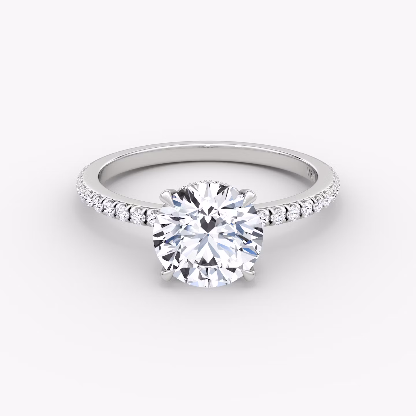 The Signature | Round Brilliant | 18k | White Gold | bandAccent: Pavé | bandWidth: standard | caratWeight: 1.5ct | hiddenHalo: yes | diamondOrientation: vertical